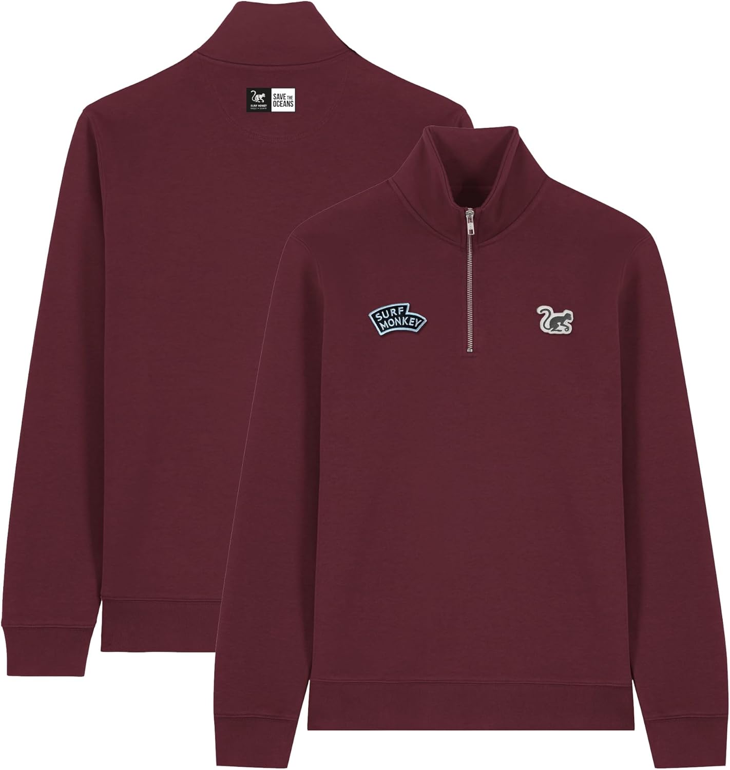 Detalle de Surf Monkey Felpa Uomo Cotone Biologico – Zip 1/4, Regular Fit, Pespunti Rinforzati