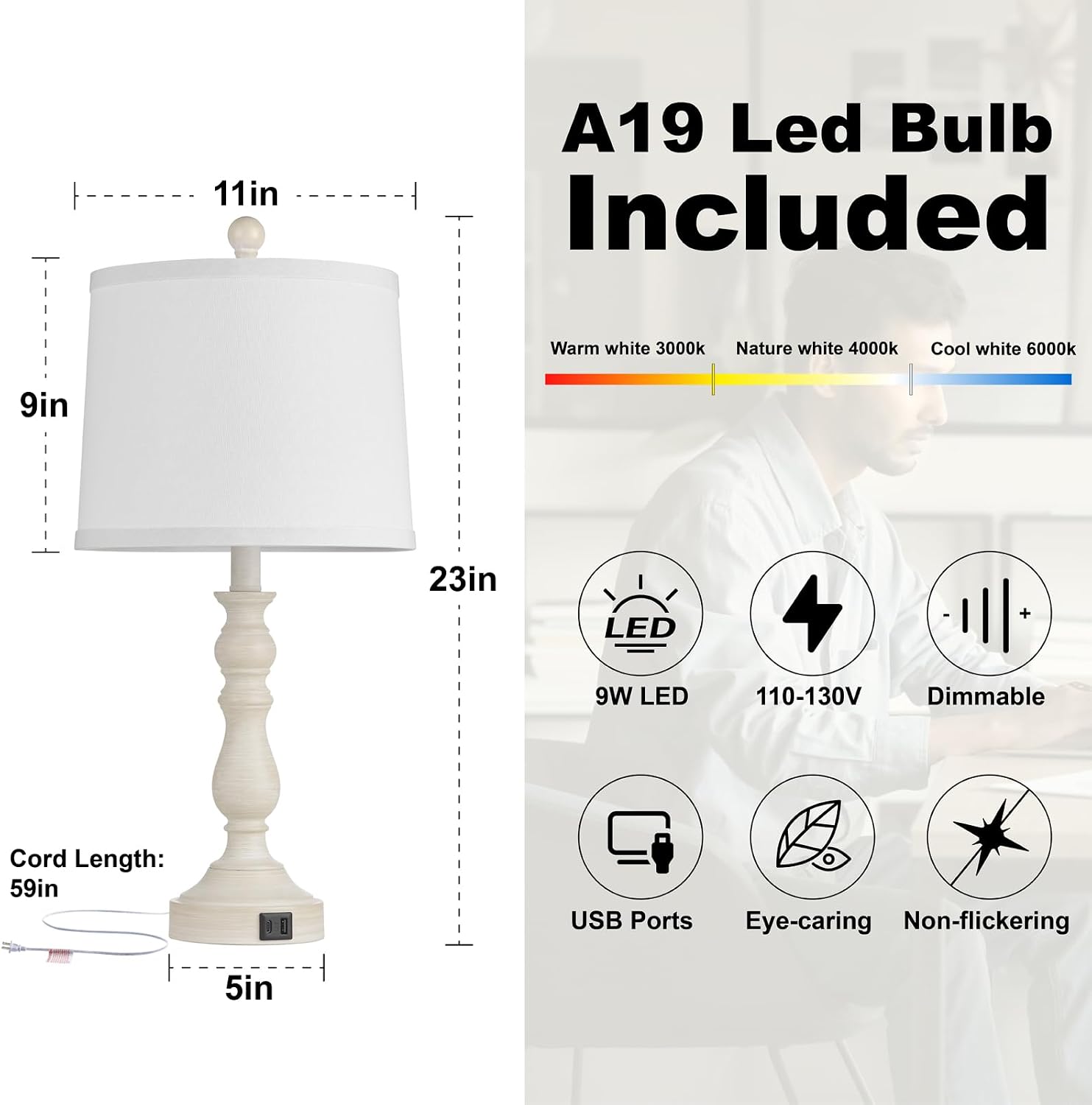 Thumbnail 6 de Leasgy L-2T-138-B Table Lamps Set of 2, USB-A and USB-C Ports