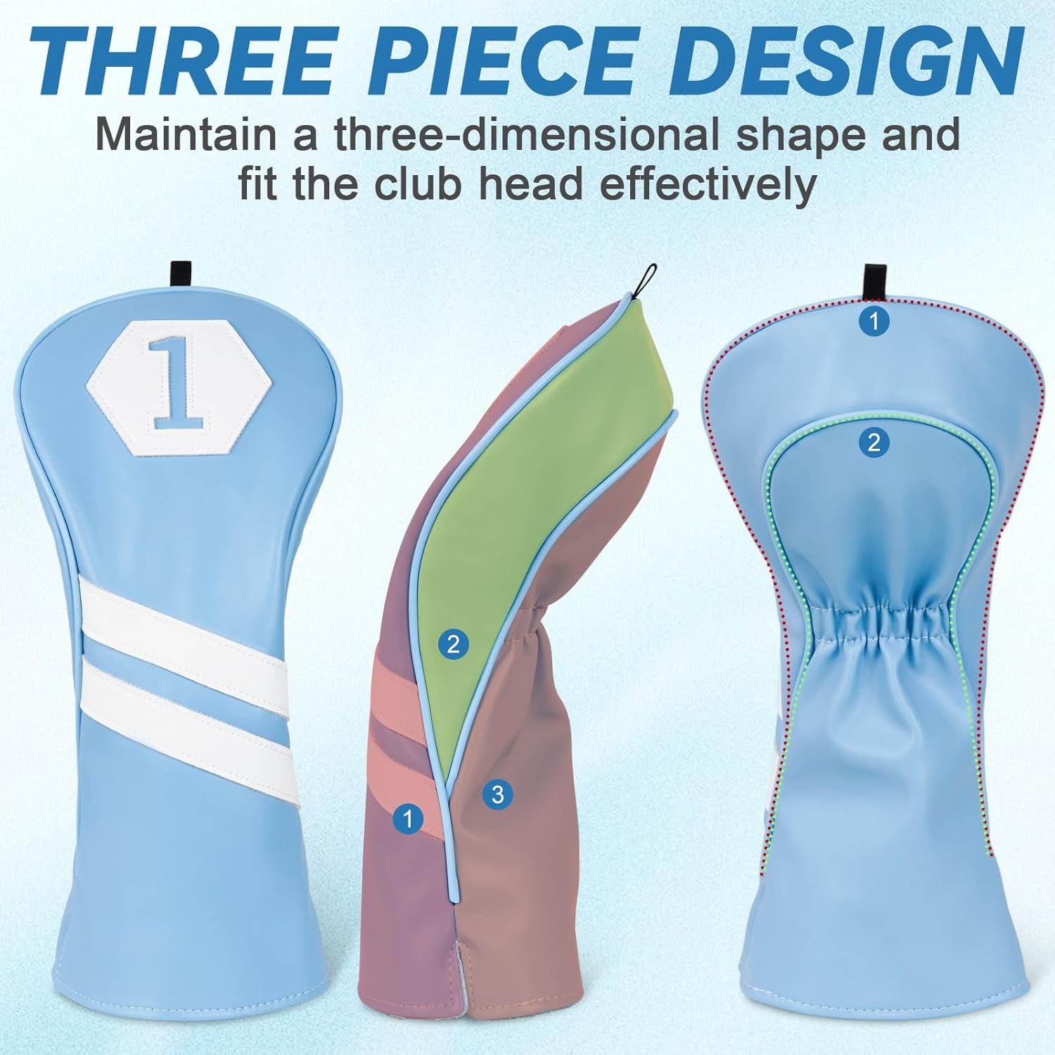 Thumbnail 6 de Golf Club Wood Head Covers for Driver, Fairway and Hybrid – Light Blue PU Leather