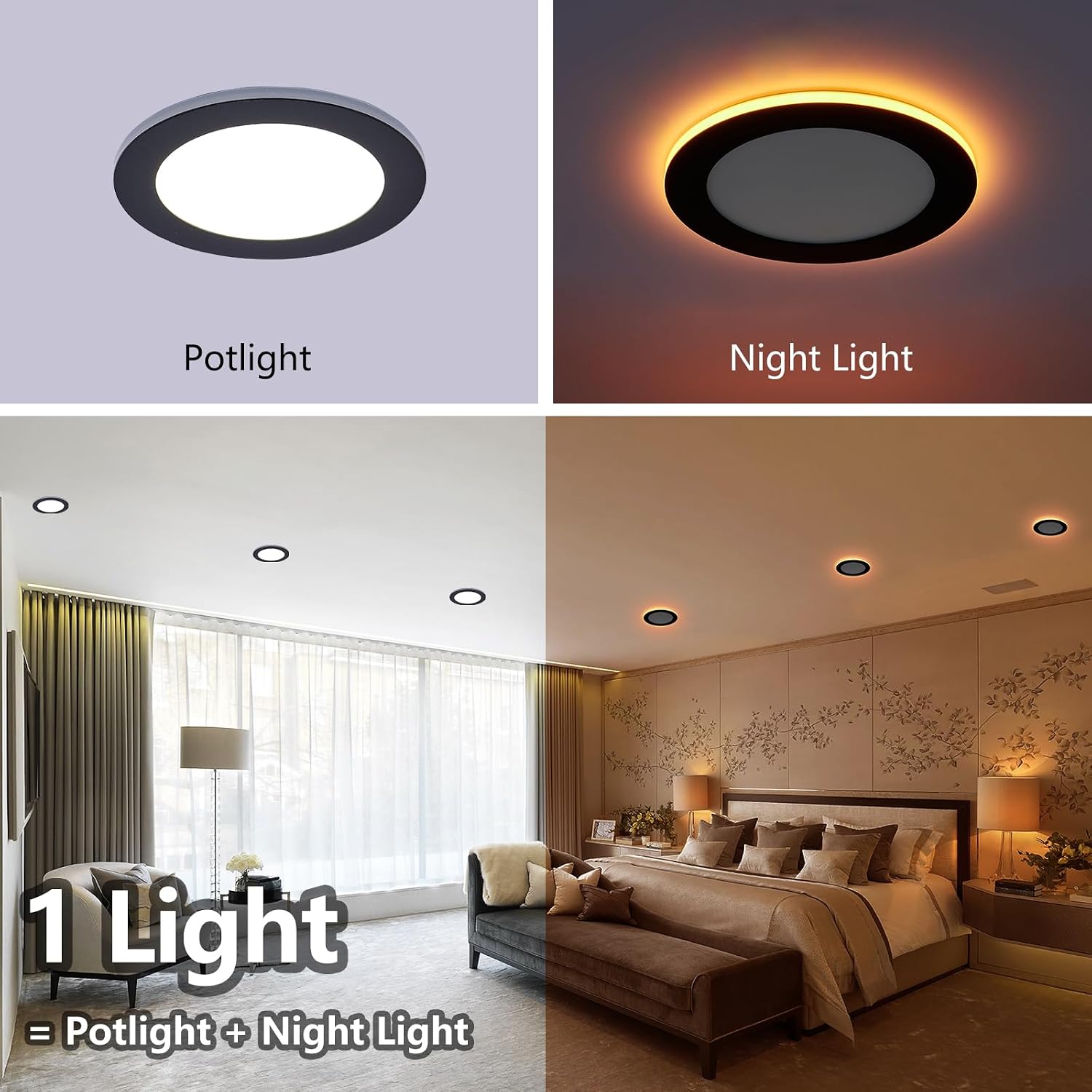 Detalle de Togalonn LR2-B 6-Inch Black LED Pot Lights with Night Light, 5CCT, Dimmable