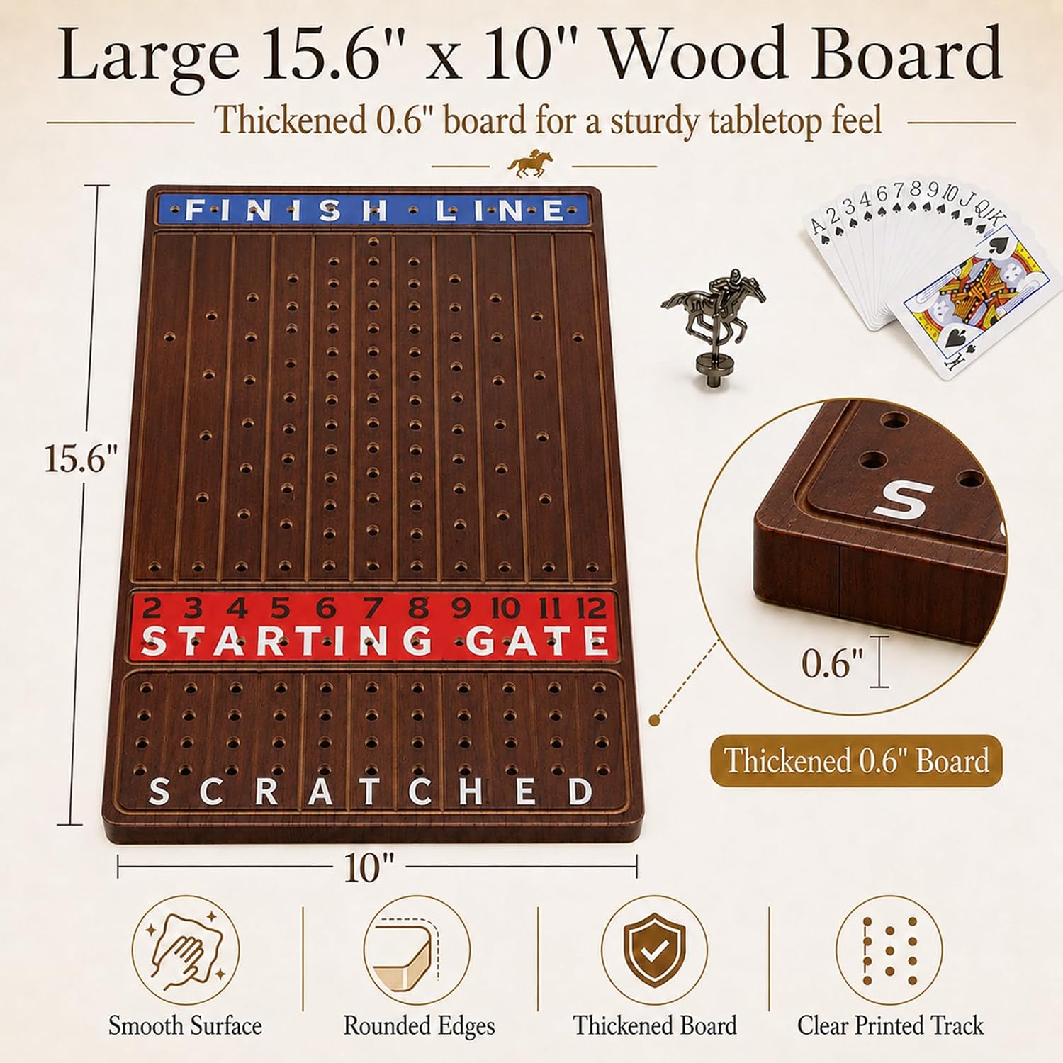 Detalle de Jyquorp Metal Horse Race Board Game – Walnut, Thick Solid Wood Racing Set with 11 Metal Horses