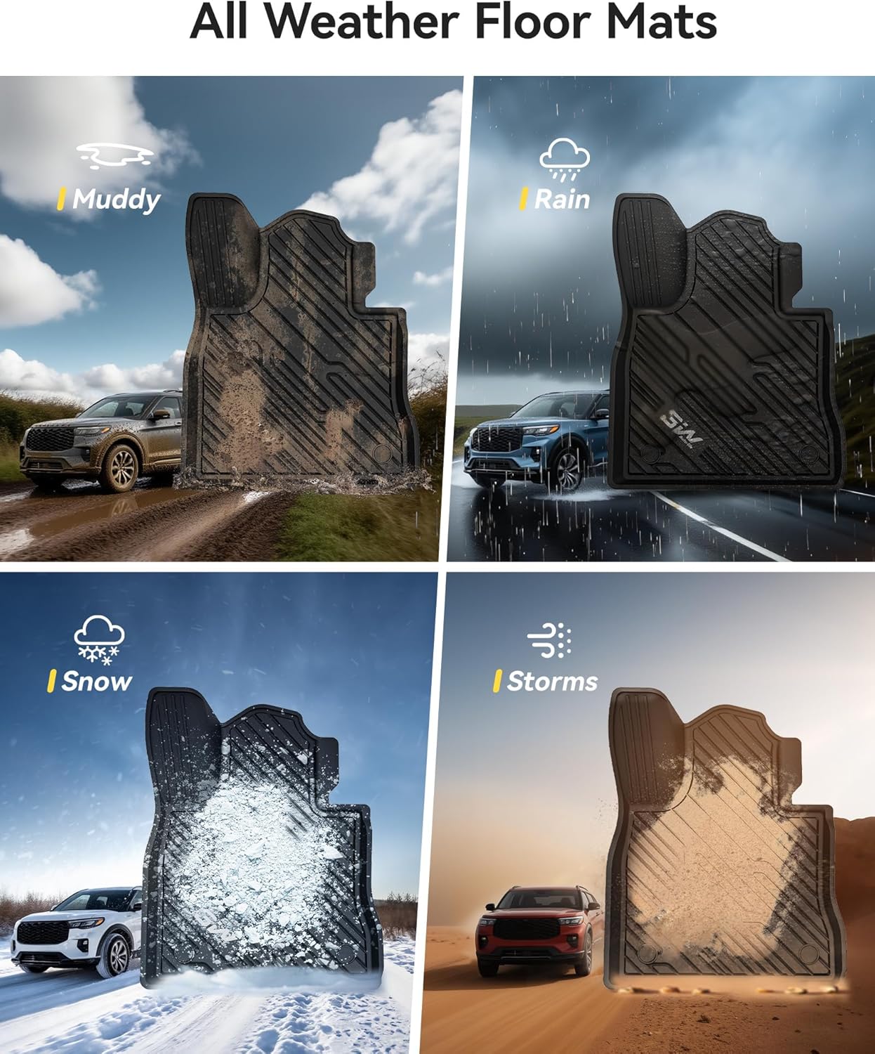 Thumbnail 5 de 3W Ford Explorer Floor Mats (2020-2025/2026) — All-Weather, Custom Fit, 3-Row, TPE Floor Liners for 6-Passenger Interior