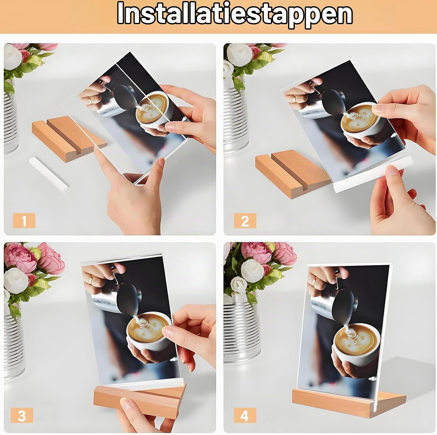 Detalle de Kisstta A6-menukaartstandaards van transparant acryl met houten voet, set van 2