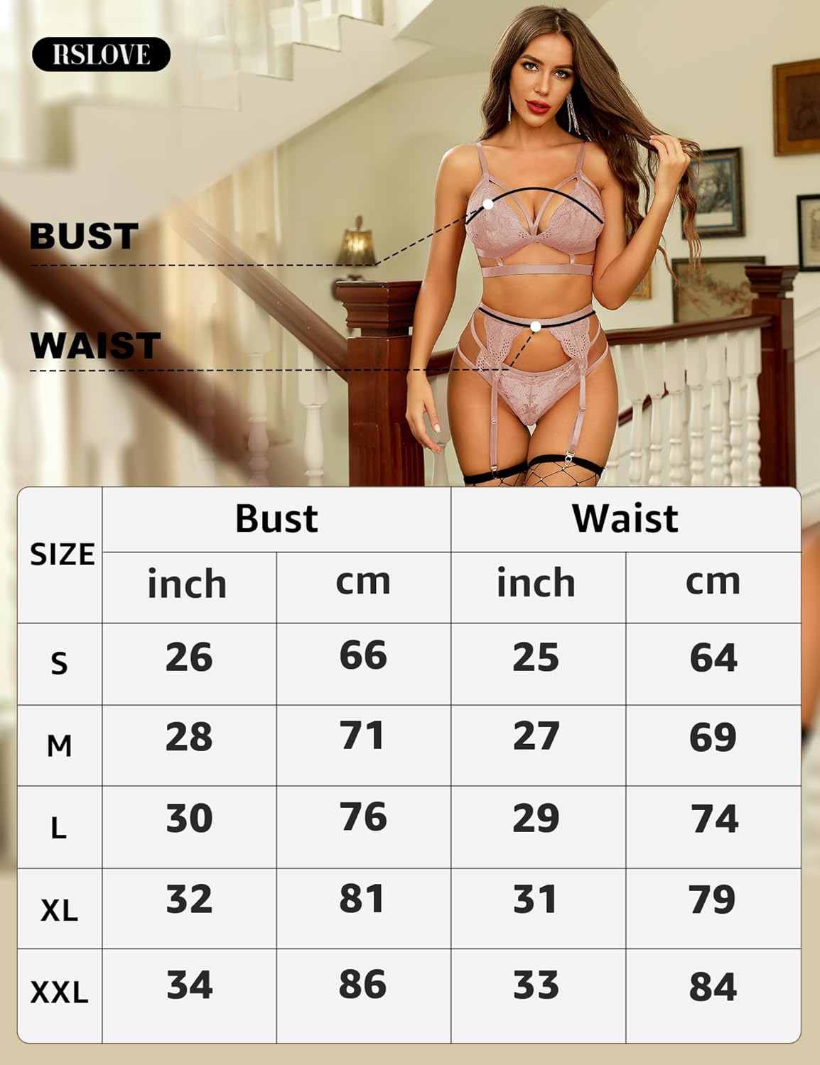 Thumbnail 4 de RSLOVE Ensemble Lingerie 3 Pièces en Dentelle avec Porte-Jarretelles – Soutien-gorge et Culotte