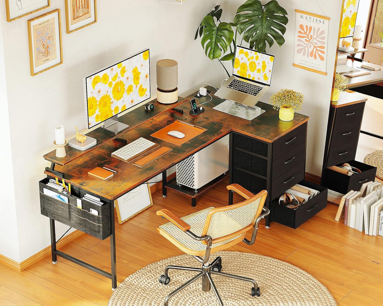 Detalle de ODK Corner Desk with Drawers (L-Shaped) 140x80cm, USB Charging Ports & Power Outlets, Rustic Brown