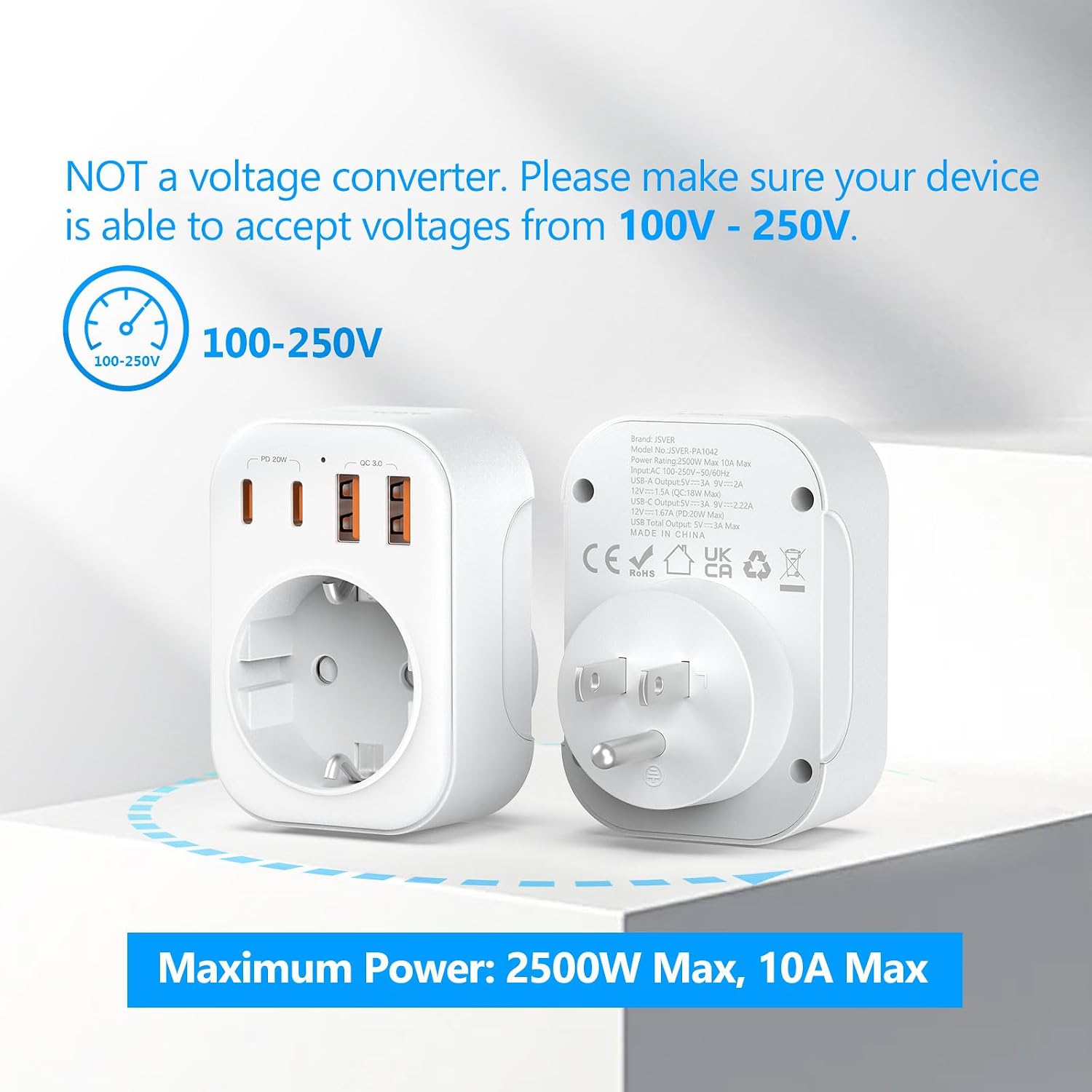 Thumbnail 6 de JSVER adaptateur prise USA 5 en 1 (France → USA/Canada) avec 2 USB-A et 2 USB-C (PD 20 W) — blanc