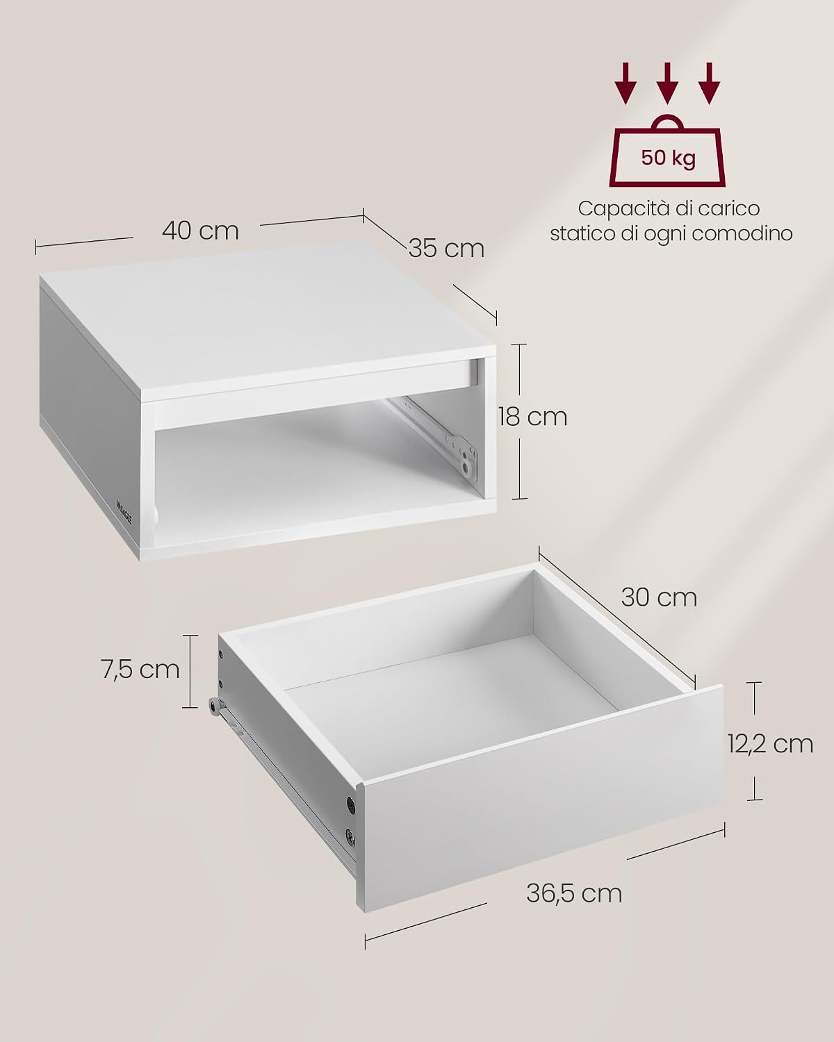 Detalle de VASAGLE KAILYN Collezione Comodino Pensile Sospeso con Luce Regolabile LET654W01