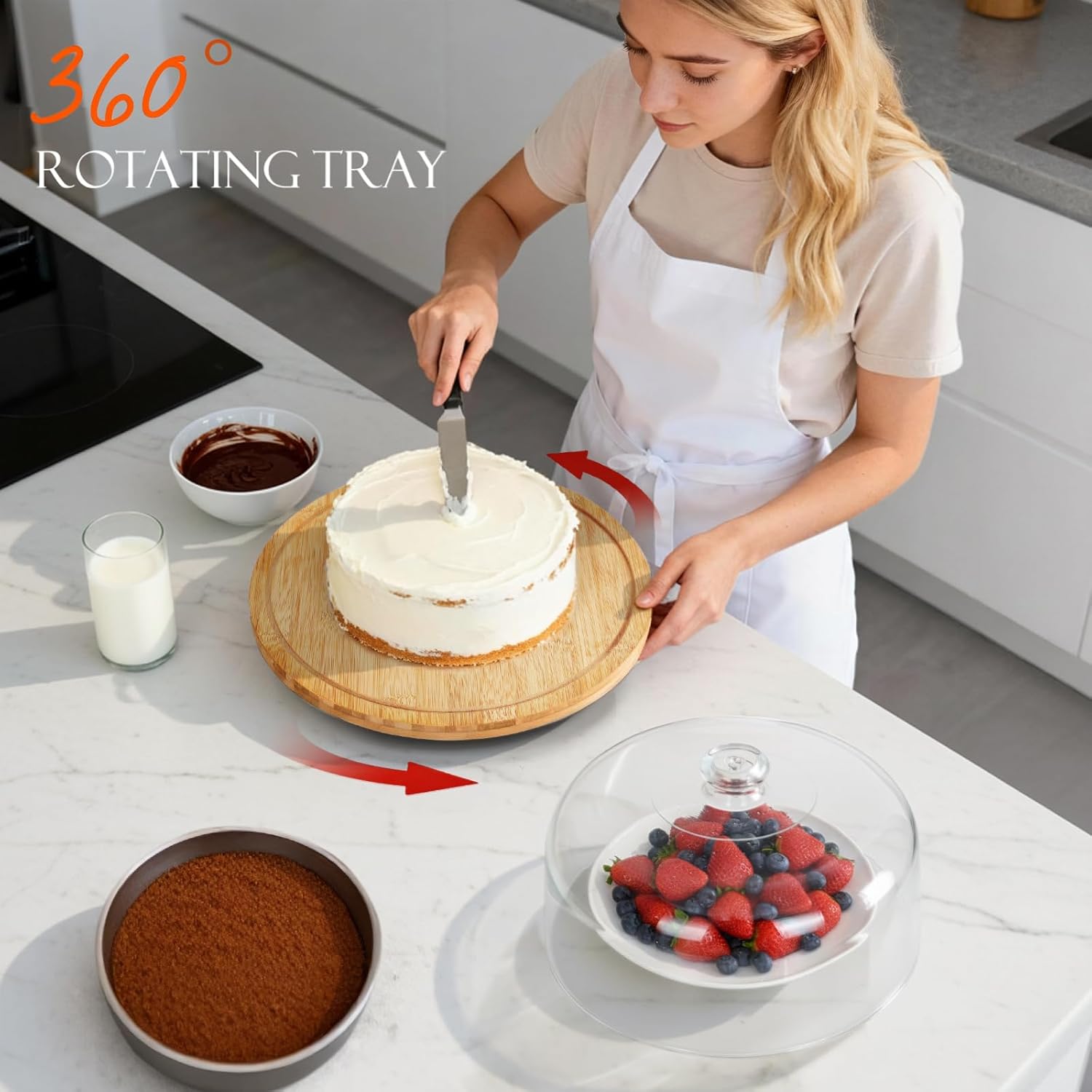 Thumbnail 3 de Masthome Wooden Cake Stand with Lid (12-inch) with Rotating Base and Clear Acrylic Dome Cover