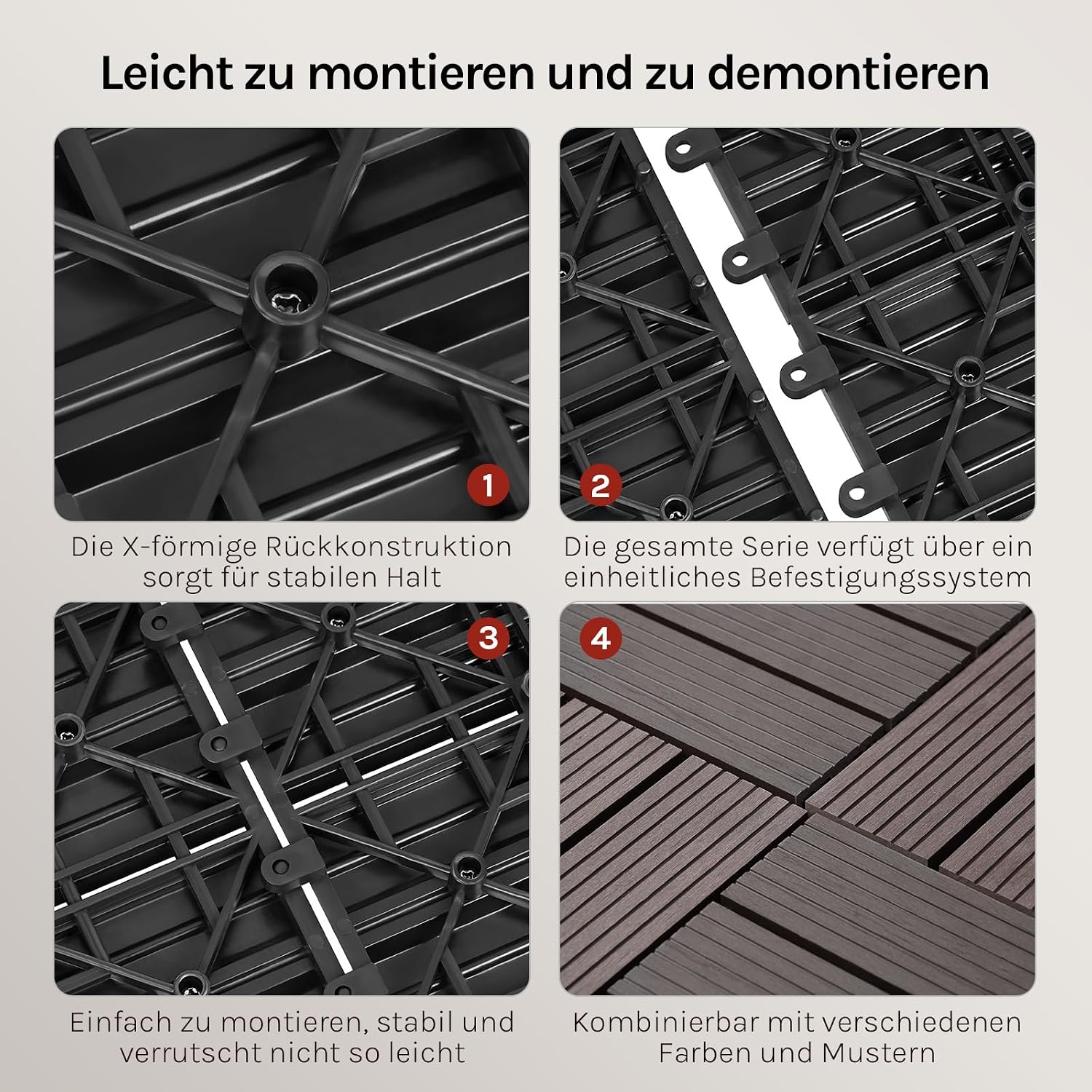 Detalle de WOLTU WPC Fliese Holz-Optik 30 x 60 cm (6 Stück = 1 m²) mit Klicksystem – Terrassenfliese