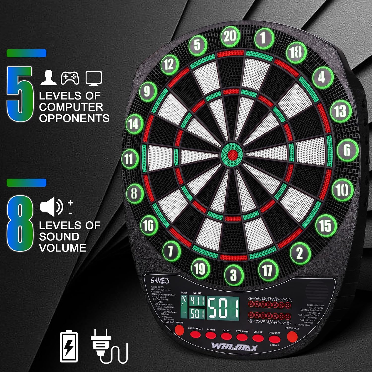 Detalle de WIN.MAX elektronisch dartbord met 34 spellen, 354 varianten en 3 ledschermen
