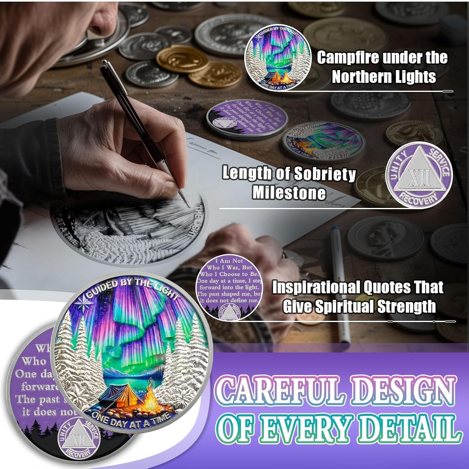 Detalle de YRCKUDZKG Guided by Northern Light 12 Year Sobriety Coin, AA Medallion