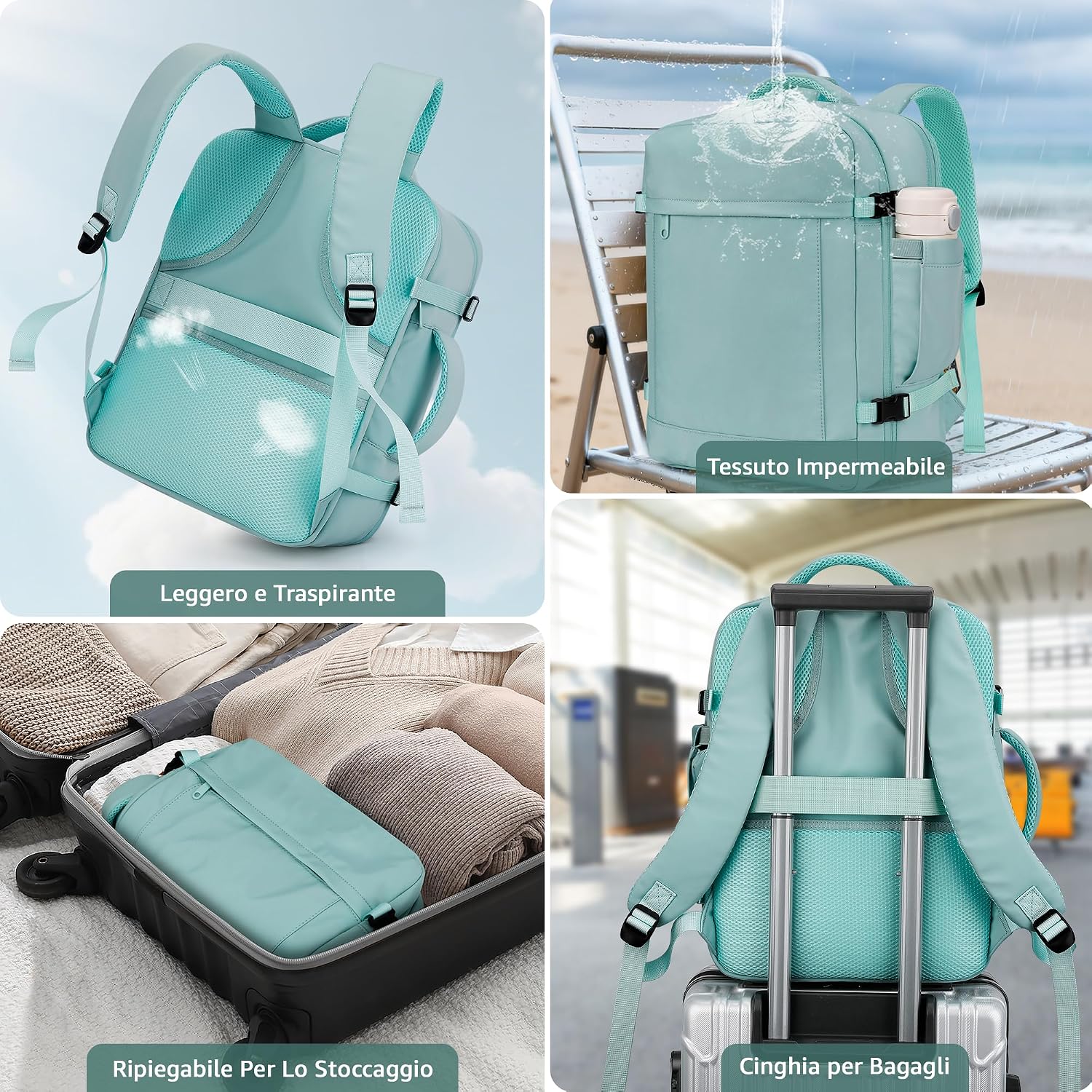 Detalle de VSNOON Zaino da Cabina Ryanair 40x30x20 cm – Zaino da Viaggio 25 L, compartimento laptop 14", Verde