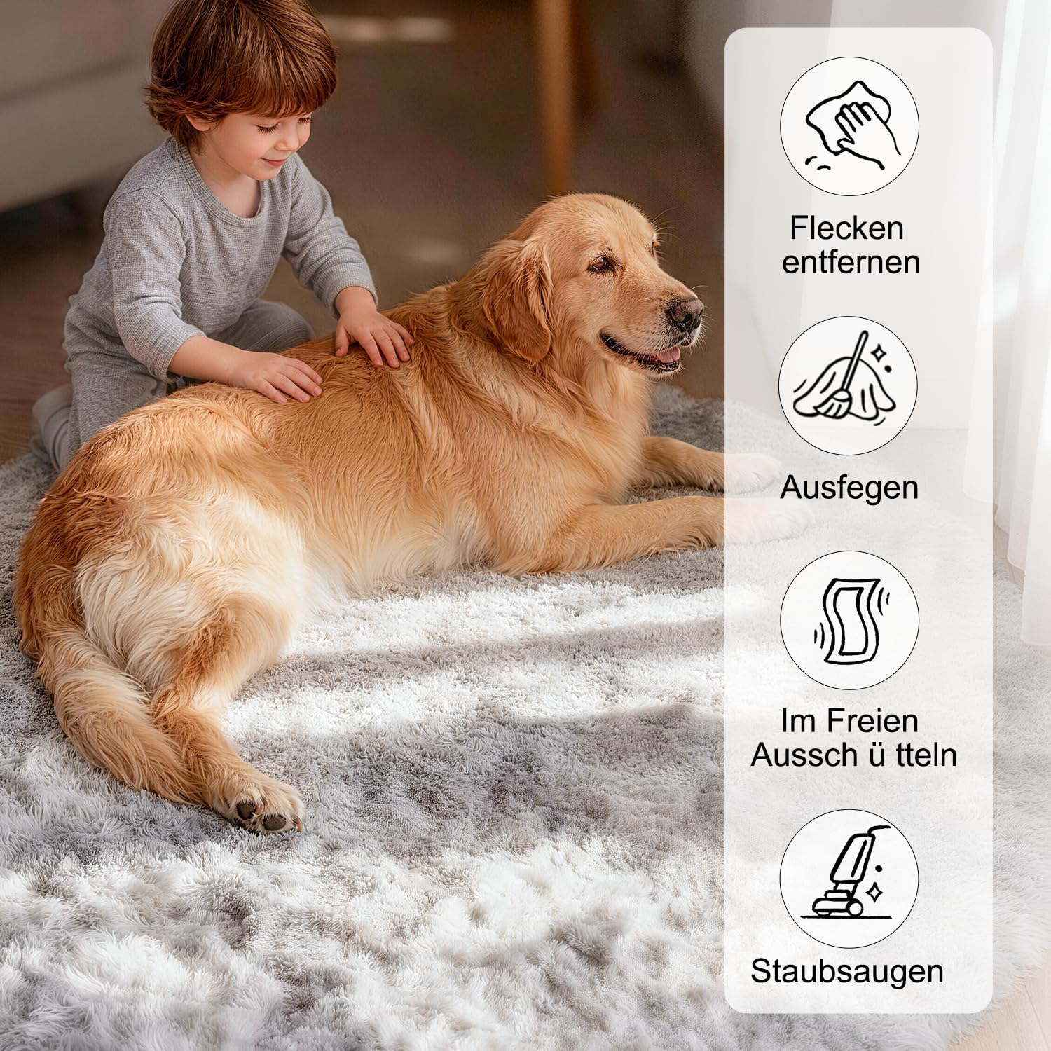 Detalle 2 de VOFUSHON runder Hochflor-Teppich 100 cm hellgrau – waschbar, rutschhemmend für Kinderzimmer