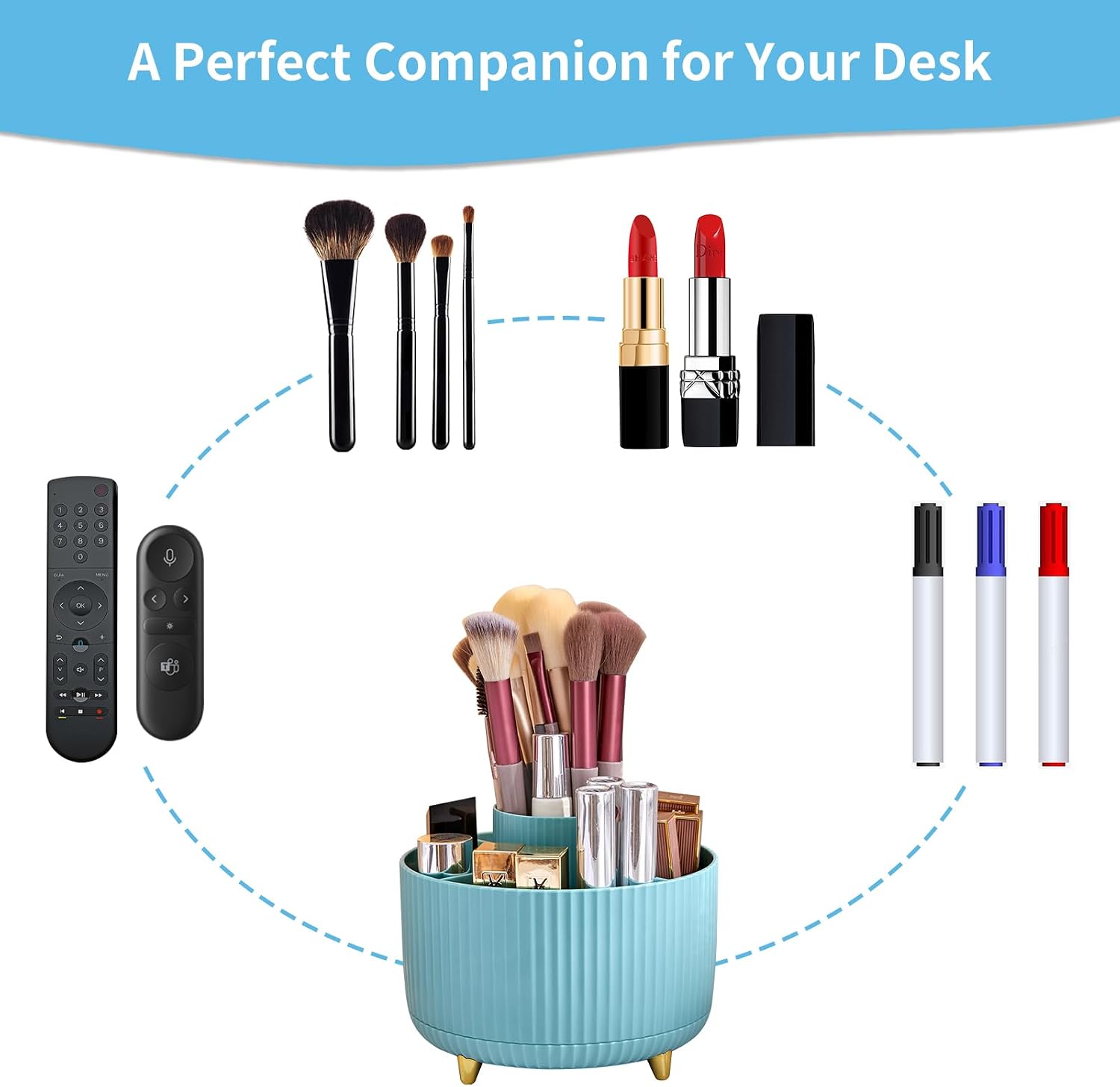 Detalle 2 de Marbrasse Desk Organiser 360° Rotating Pen Holder with 5 Compartments (Blue)