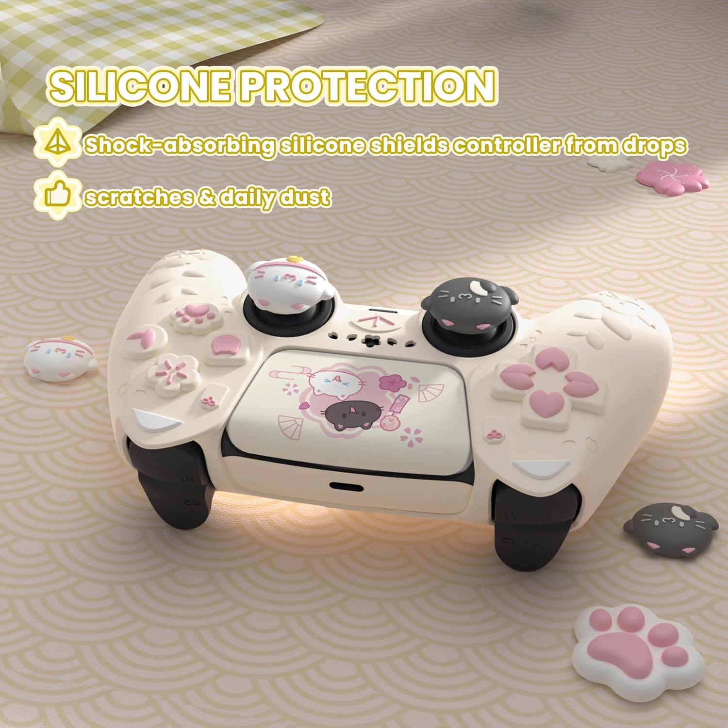 Thumbnail 6 de PlayVital Cherry Blossoms Kitten Anti-slip PS5 Controller Cover Skin