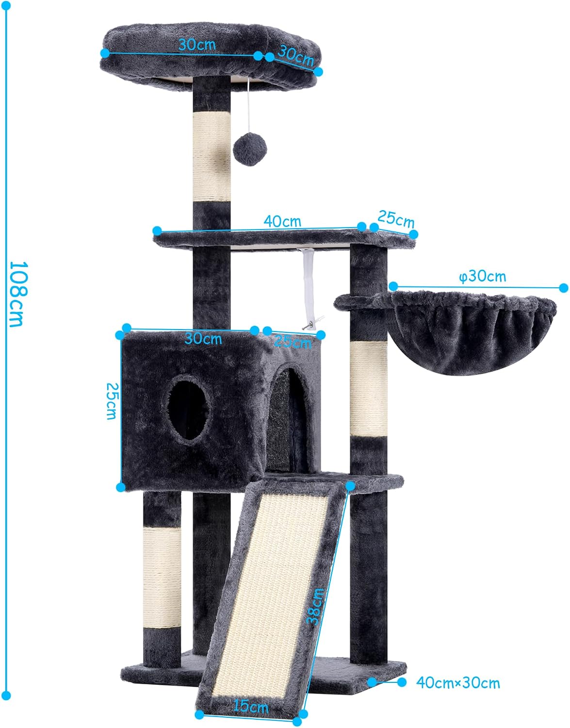 Detalle de Hey-brother Kratzbaum 108 cm – mehrstöckiger Indoor-Katzenbaum für Kätzchen