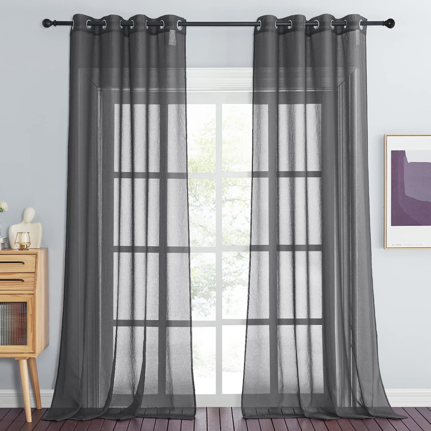Detalle de PONY DANCE Graue Gardinen Transparent Wohnzimmer Voile – Leinenoptik, 2er-Set, Ø8 Ösen, 245 x 140 cm (H x B) – Dunkelgrau