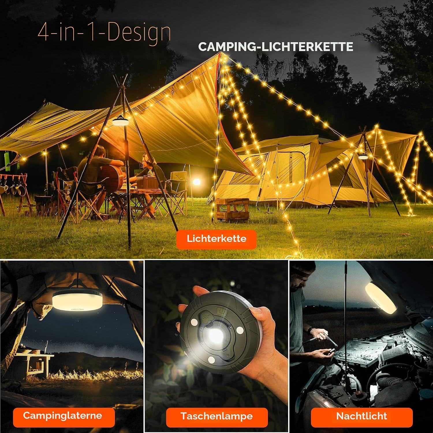 Detalle 2 de Aufrollbare Camping-Lichterkette mit USB-Ladefunktion (wasserdicht) – 10 Fotoclips, 8 Beleuchtungsmodi, 10 m