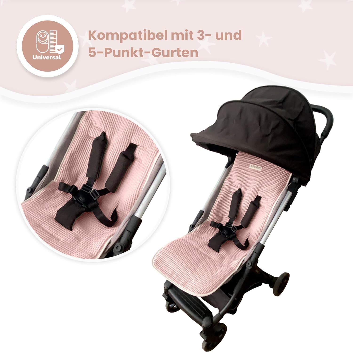 Detalle de MIMUSELINA Universal Kinderwagen Sitzauflage aus 100% Baumwolle OEKO-TEX – atmungsaktiv, waschbar und Made in Portugal