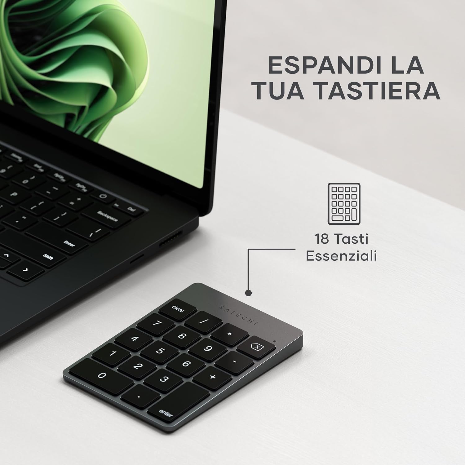 Detalle de Satechi Tastierino Numerico Wireless Slim in alluminio con 18 tasti, Bluetooth e ricarica USB-C (layout US) – grigio