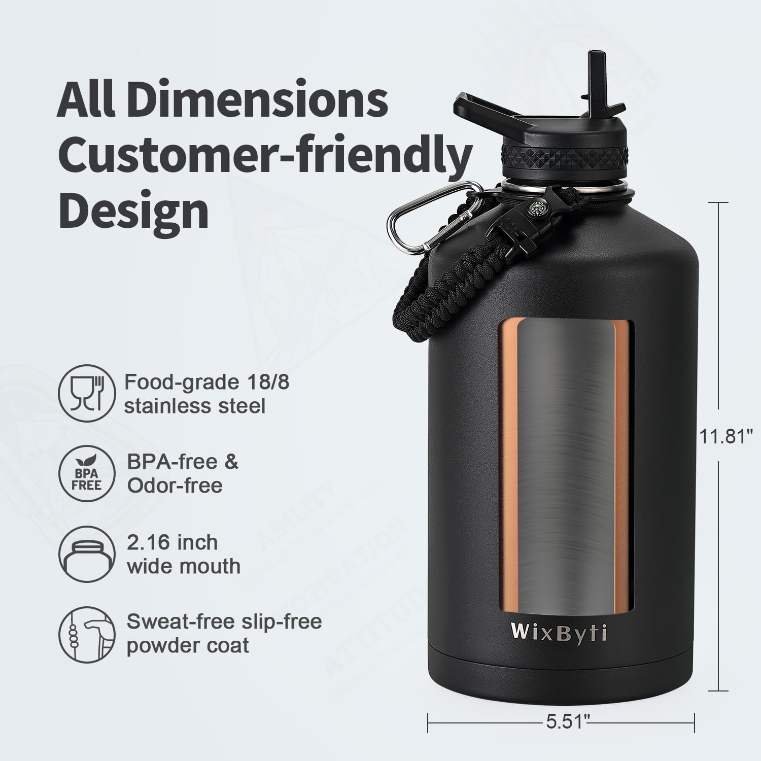 Thumbnail 5 de WixByti One Gallon Triple-Wall Insulated Water Bottle (128oz) with Straw & Spout Lids, Paracord Handle
