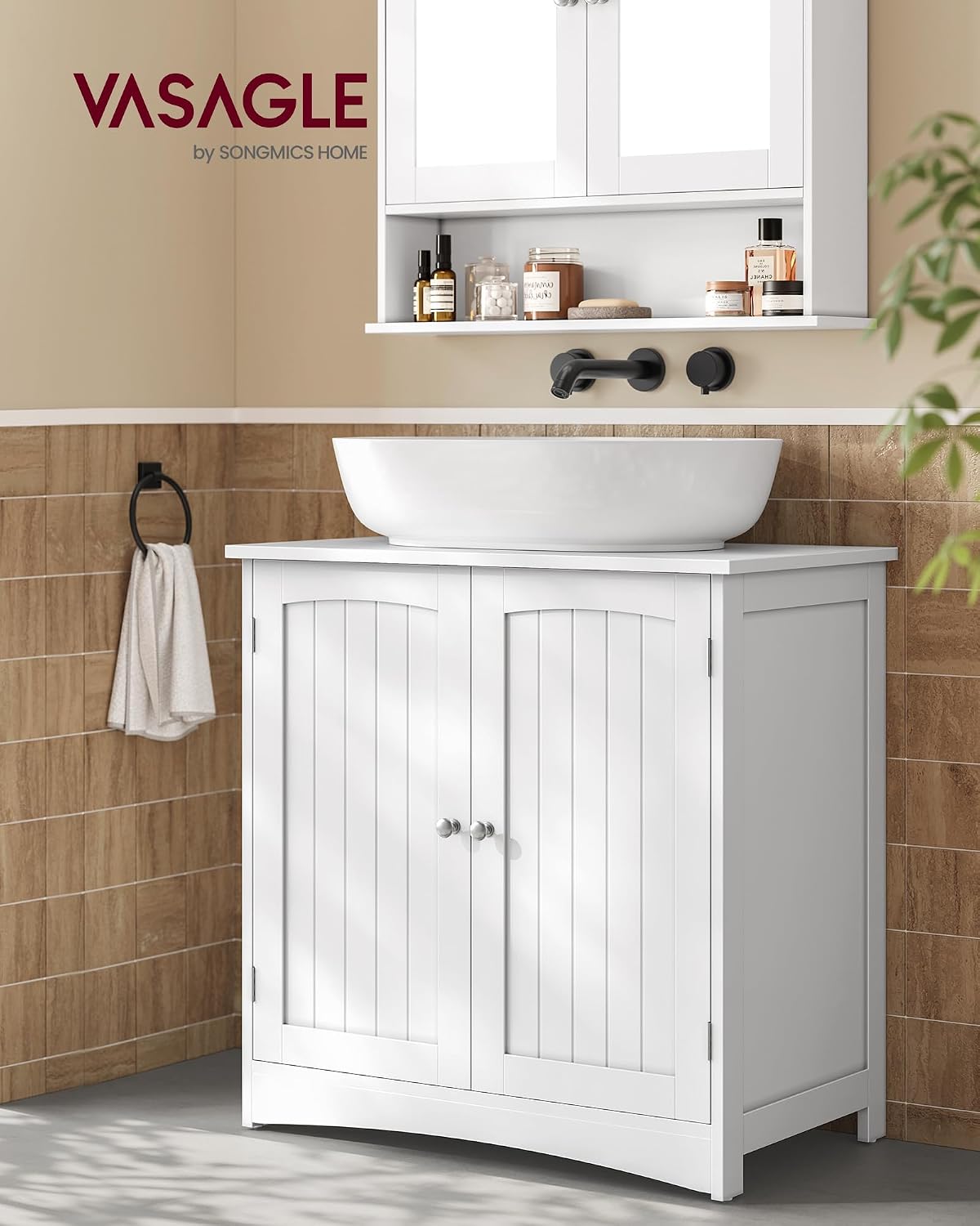 Detalle de VASAGLE Mobile Sottolavabo BBC011W01: Mobiletto da Bagno con 2 Ante e Ripiano Regolabile, 40 x 70 x 70 cm, Bianco Nuvola