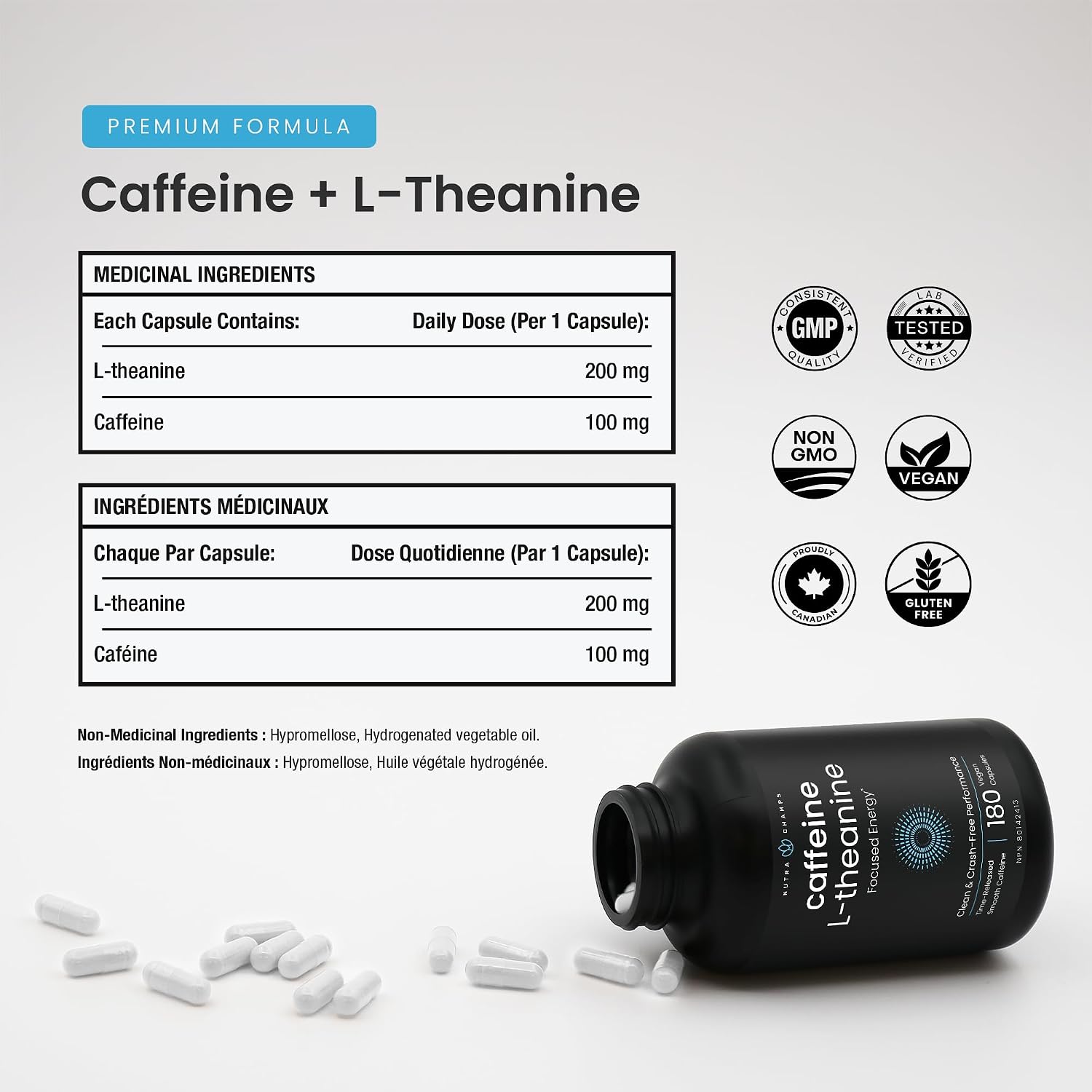 Detalle 2 de NutraChamps Caffeine Pills with L-Theanine, 180 Vegan Capsules