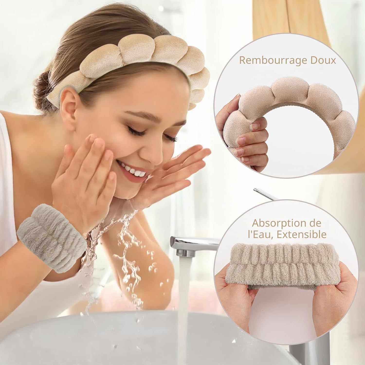 Detalle de DRESHOW Bandeau Spa pour le Lavage du Visage et Bracelets Éponge Doux – Ensemble confortable et absorbant