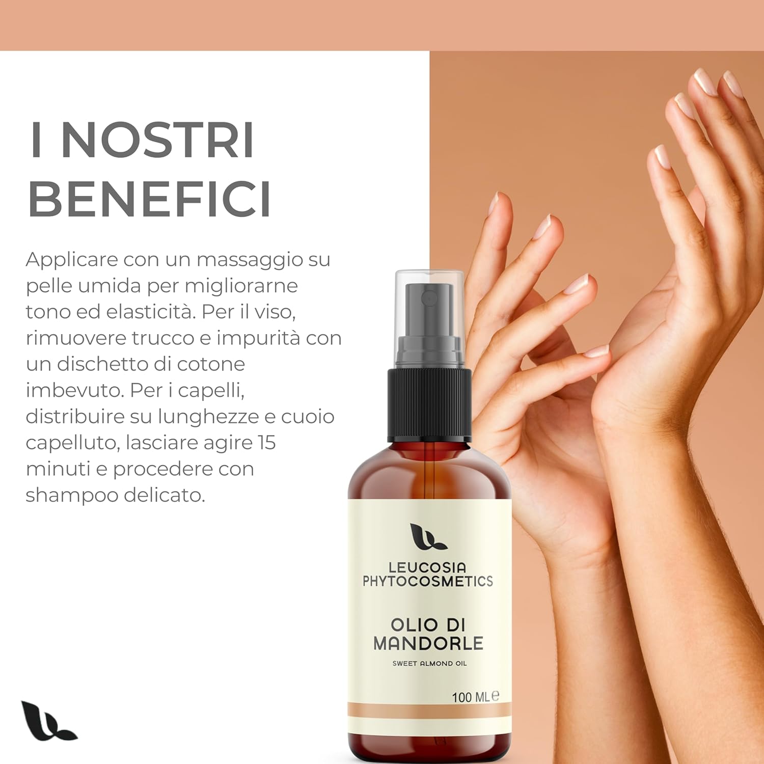 Detalle de Olio di Mandorle Dolci Leucosia 100% puro – Multiuso per corpo, viso e capelli (100 ml)