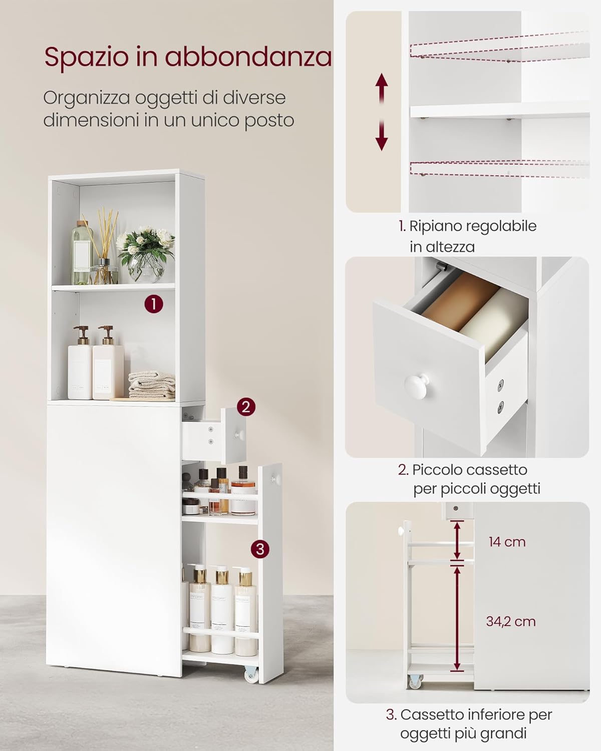 Thumbnail 3 de VASAGLE BBK567T14 Mobile bagno alto con cassetti e ripiano regolabile