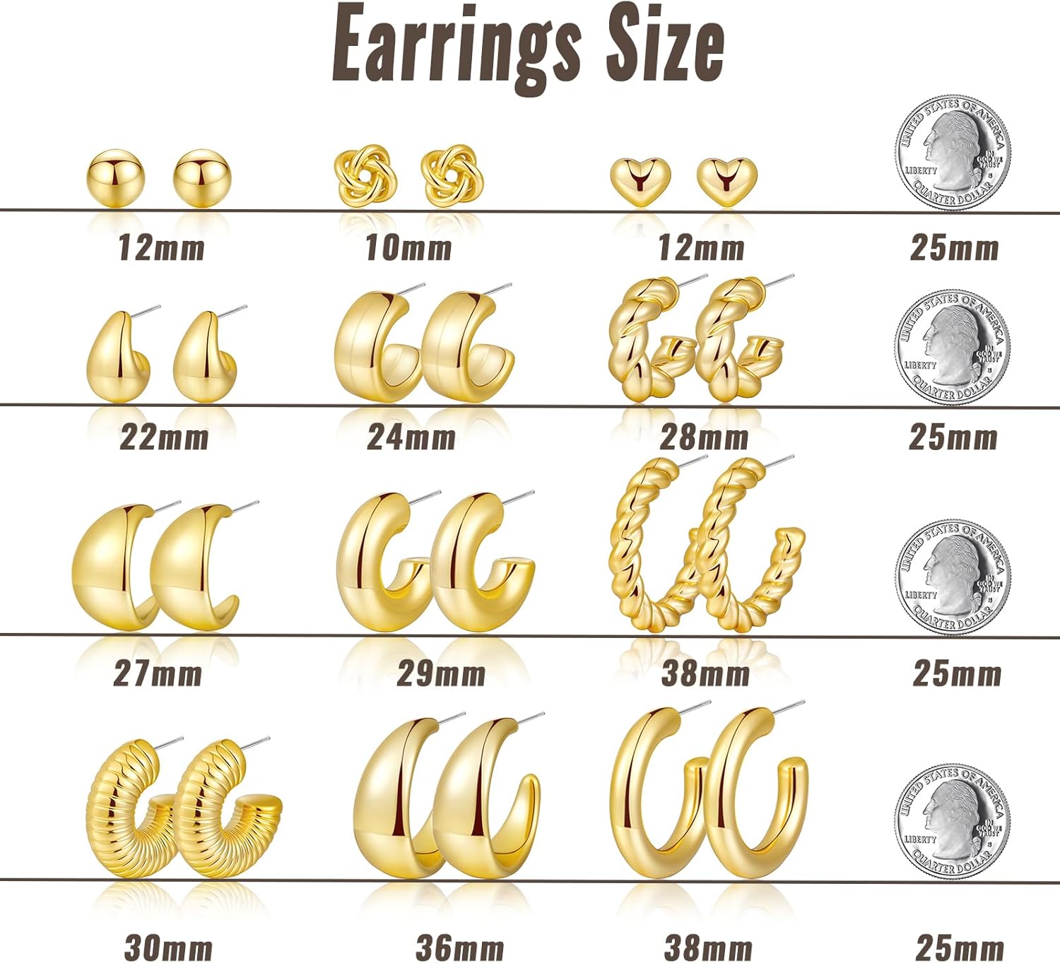 Thumbnail 5 de 12 Pairs Chunky Gold Hoop Earrings Set for Women (Gold-Plated, Hypoallergenic) — Twisted Huggie & Stud Mix