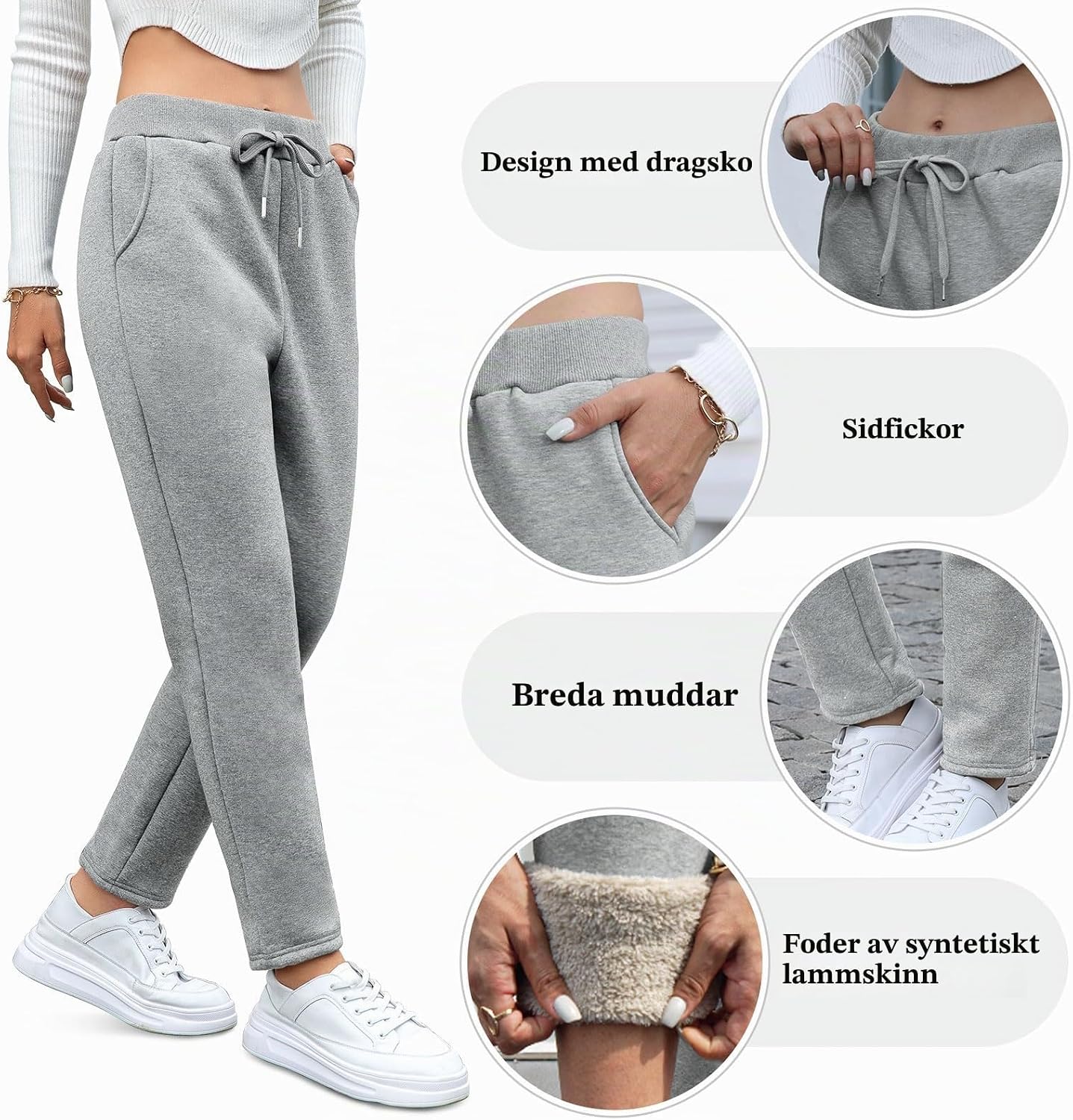 Detalle 2 de Vorvowry fleecefodrade joggingbyxor för kvinnor med sherpa-foder och fickor