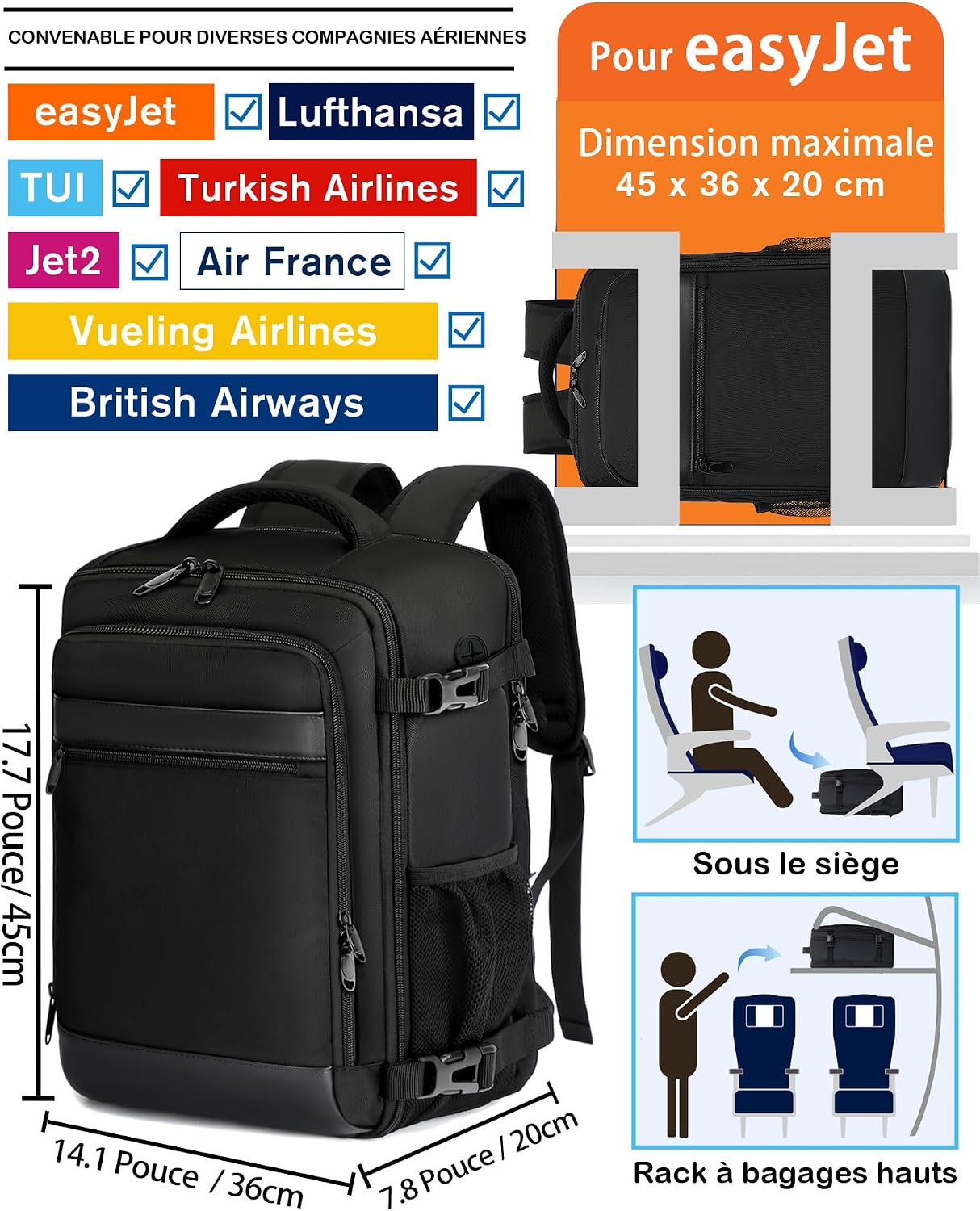Detalle 2 de KLOSTAIN Bagage Cabine 45x36x20 cm – Sac à Dos Voyage 30 L pour EasyJet, ordinateur 15.6", Noir