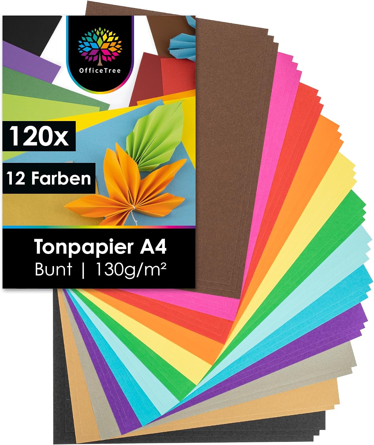 Detalle de OfficeTree 120x Tonpapier A4 Bunt 130 g/m² – 12 Farben, recyceltes Bastelpapier für kreative Projekte