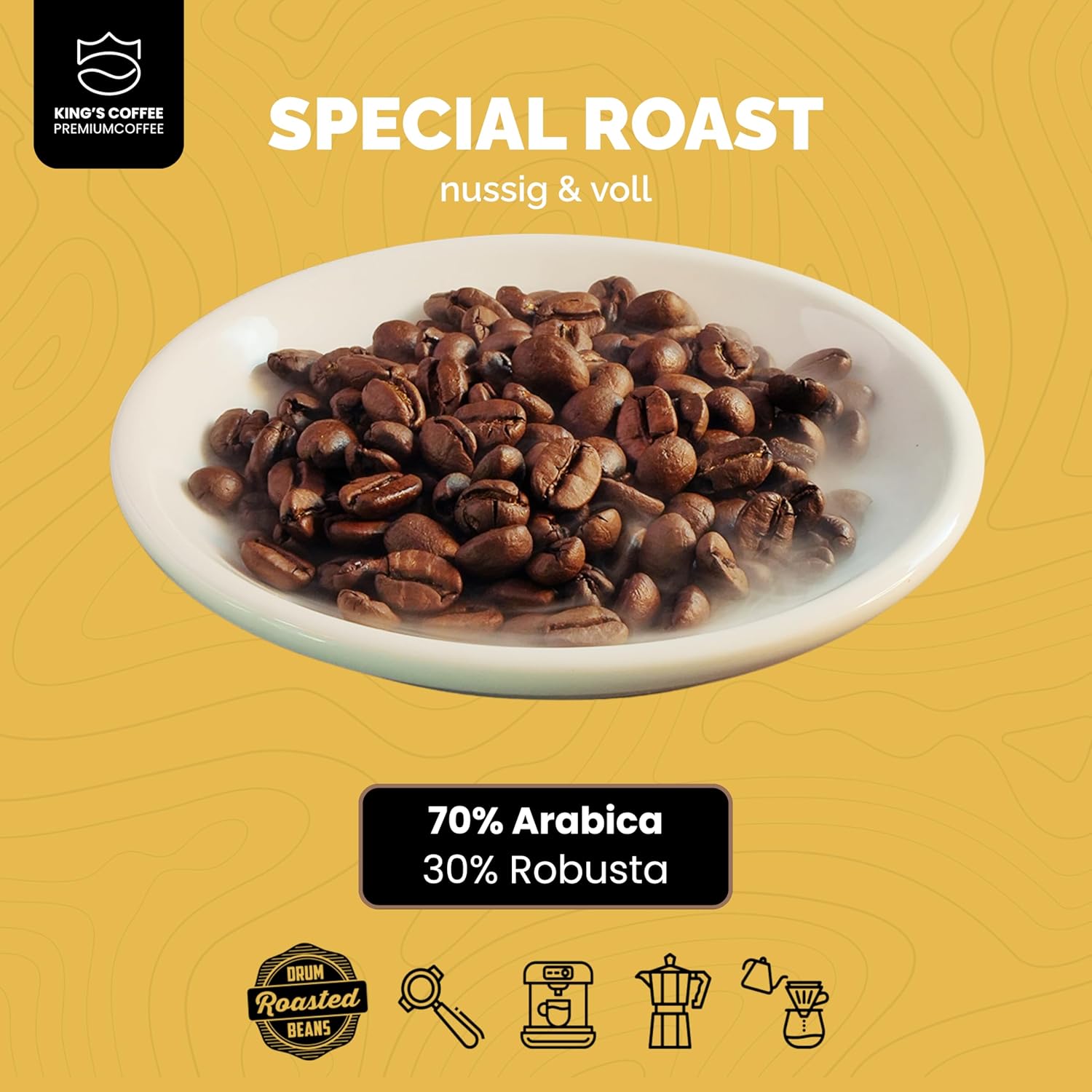 Detalle de KING'S COFFEE SPECIAL ROAST – 1 kg Premium Barista Espressobohnen – säurearm, italienische Trommelröstung, Arabica-Robusta Blend