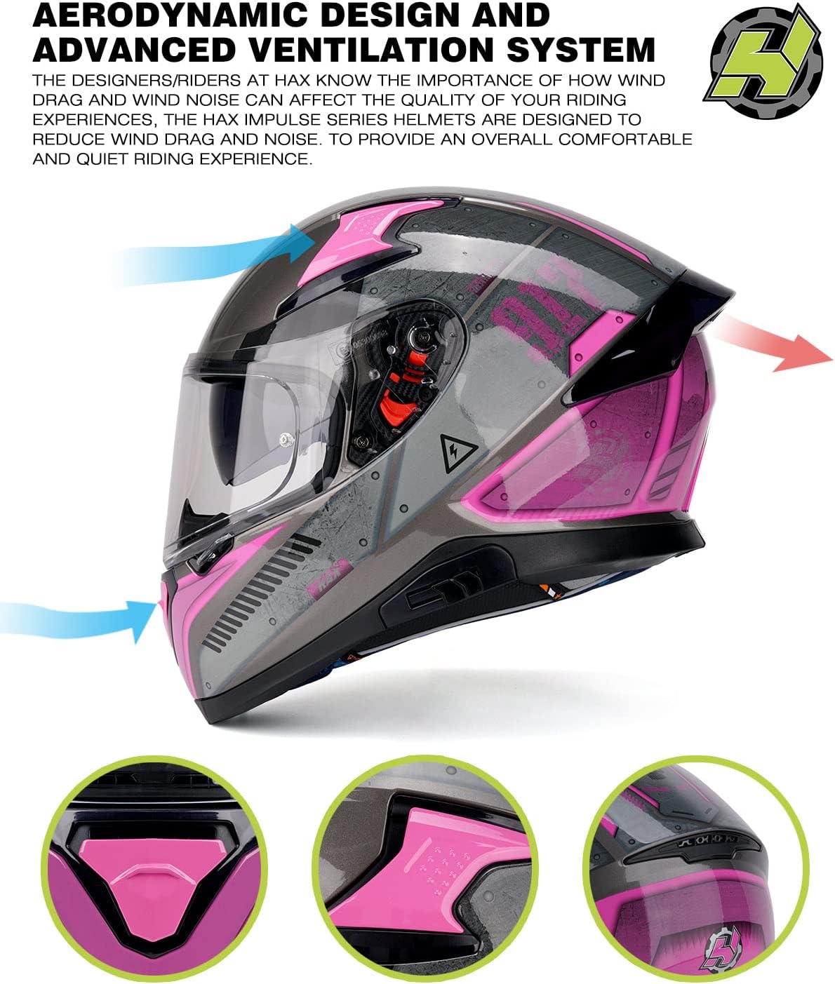 Thumbnail 4 de HAX Full Face DOT-Approved Helmet with Dual Rear Wing - Impulse Droid Pink, Size L