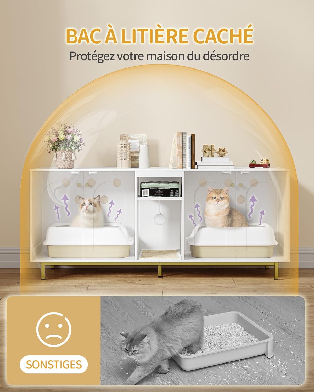 Thumbnail 6 de Hzuaneri Meuble litière pour 2 chats CB86513A (140 x 48 x 62 cm) blanc et or