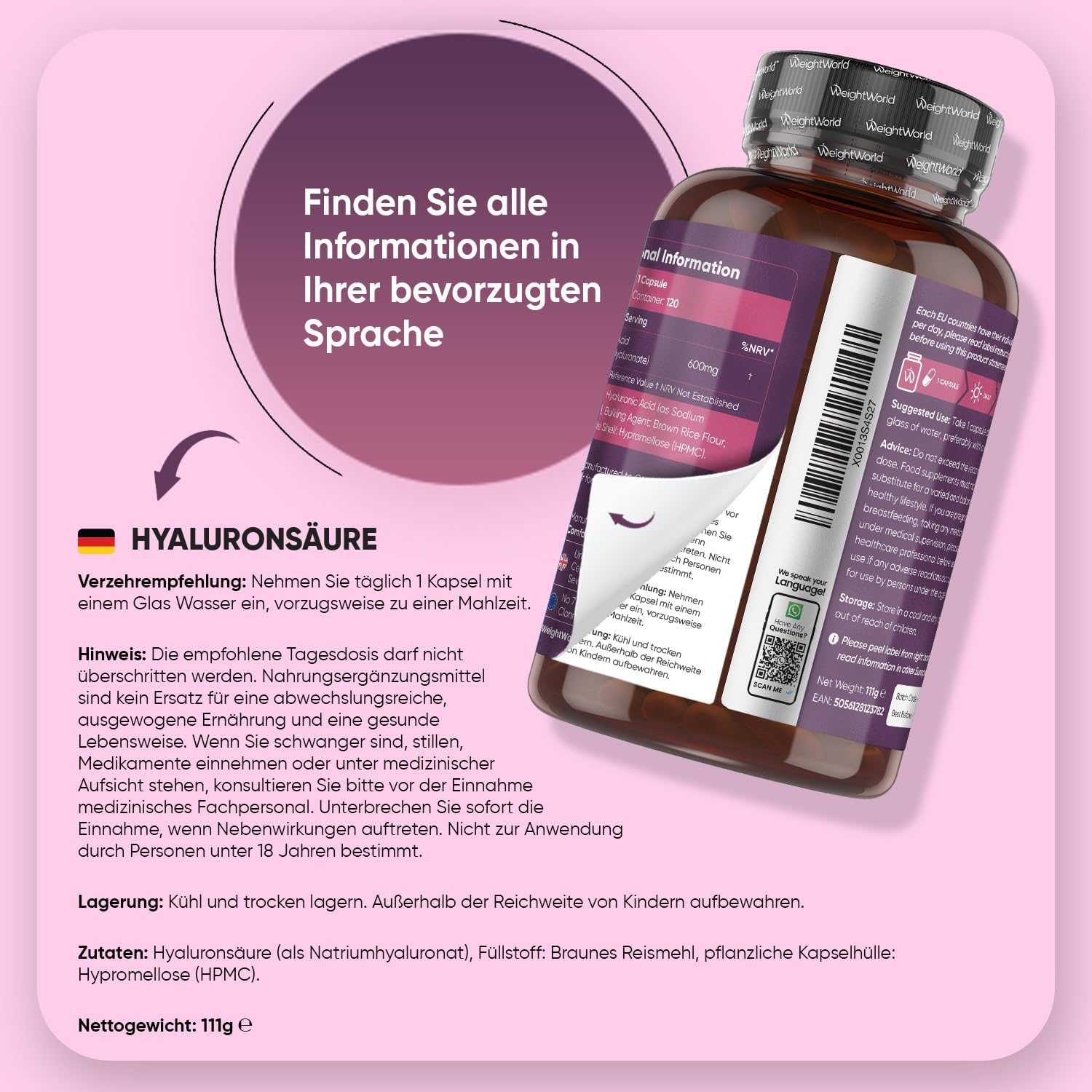 Thumbnail 3 de WeightWorld Hyaluron Kapseln (600 mg) – 120 vegane Kapseln mit Hyaluronsäure, 4 Monate Vorrat