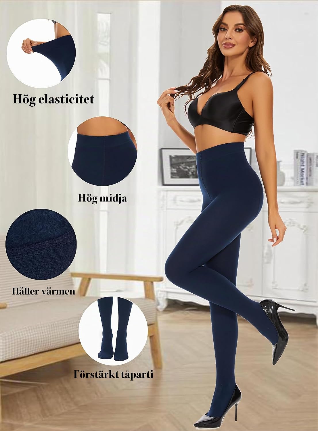Detalle de DUCMODA fleecefodrade vintertights för kvinnor – mjuka och ogenomskinliga