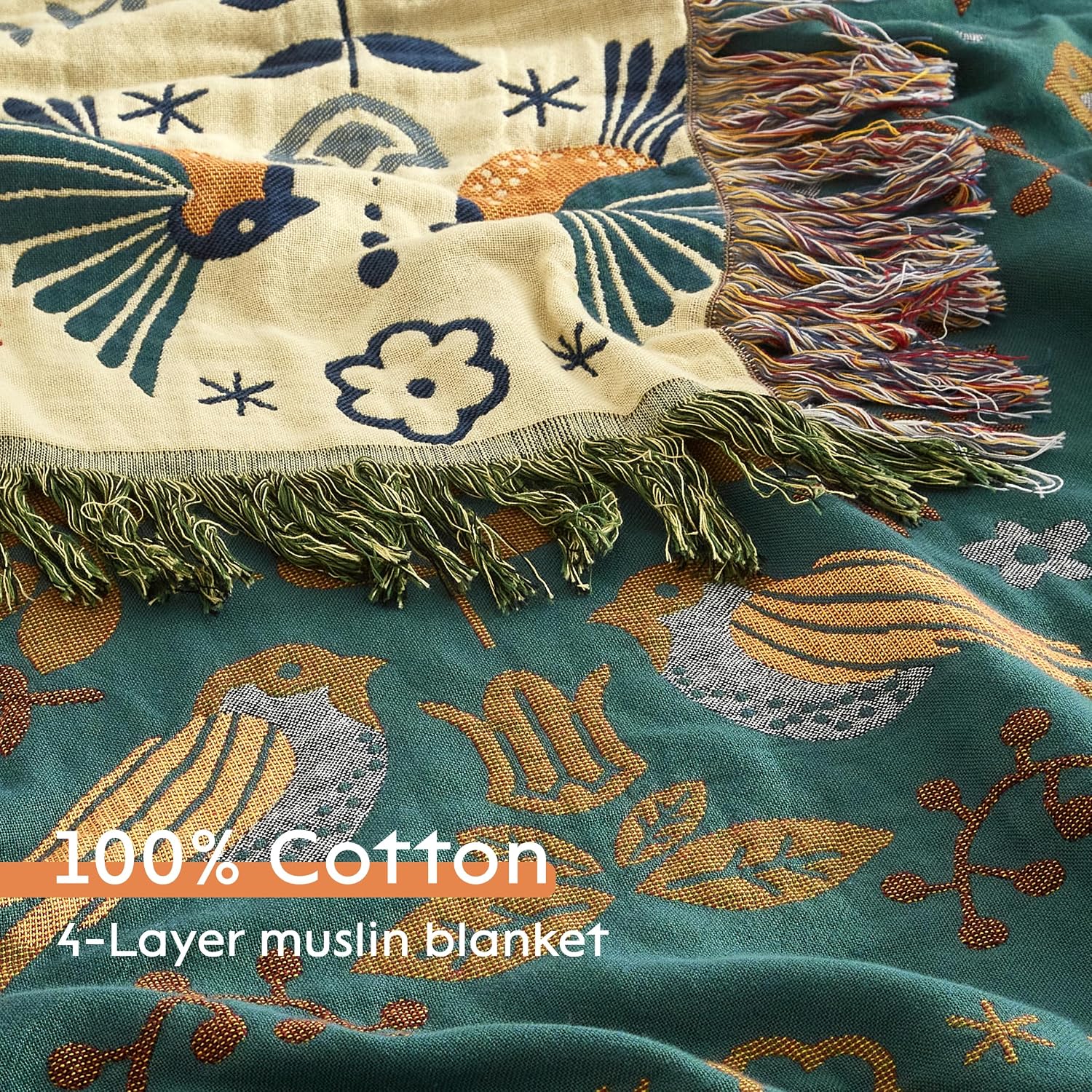 Detalle 2 de SE SOFTEXLY Boho Cotton Throw Blanket, 4-Layer Muslin, 60” x 80”
