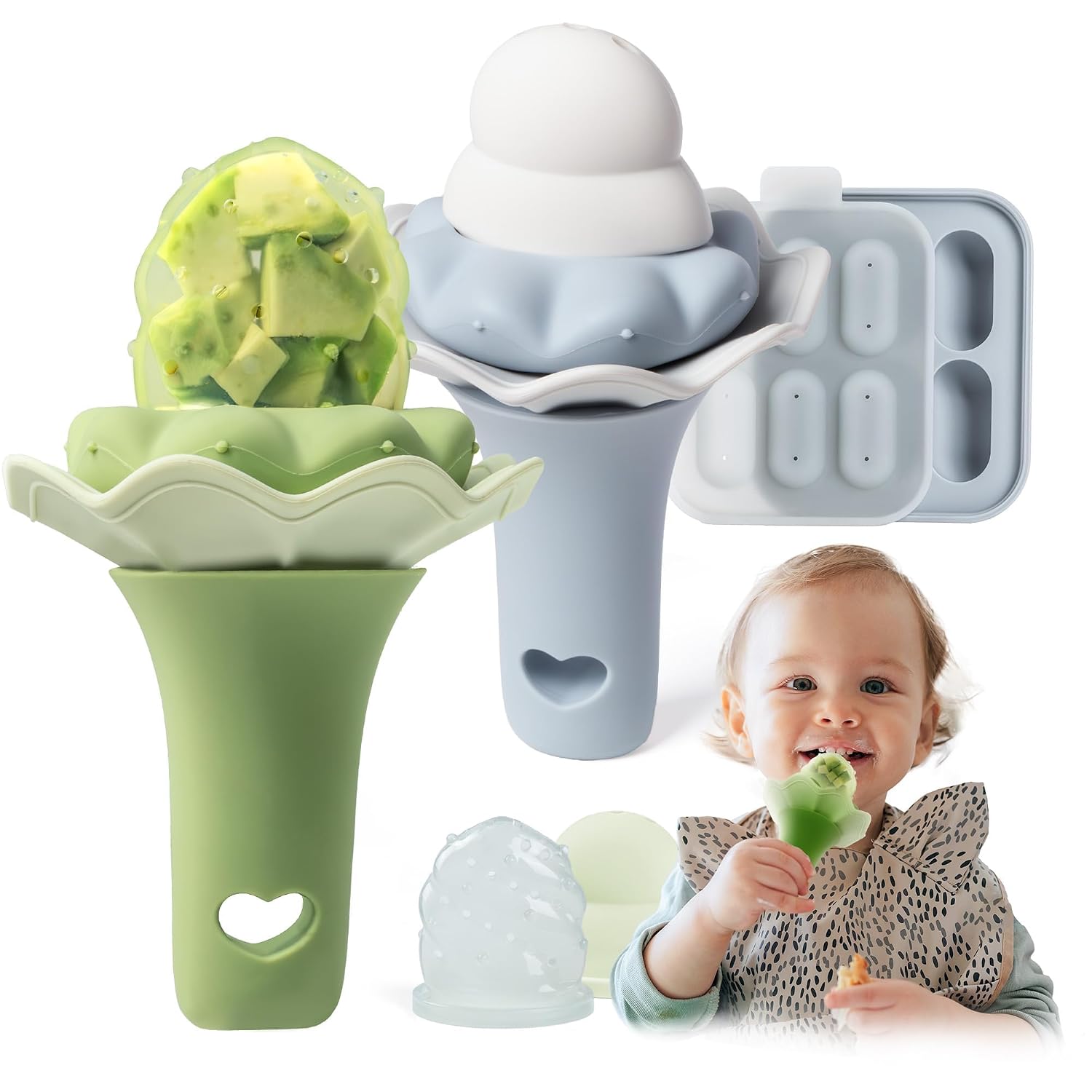 Moonkie Fruchtsauger Baby mit Gefrierschrank-Tablett – BPA-freie Silikon-Feeder in zwei Größen (Estragon/Himmelblau)