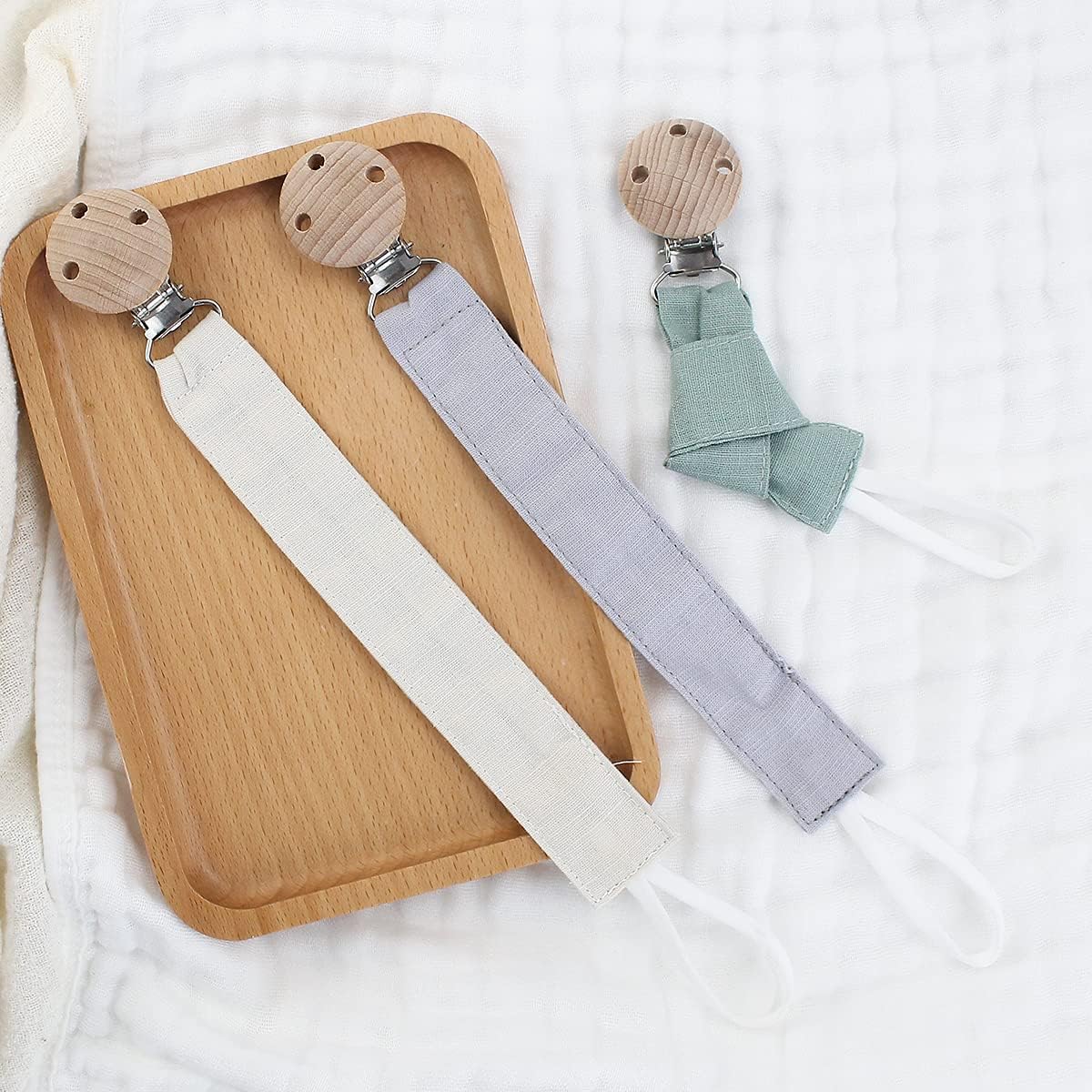 Thumbnail 4 de RUBY 3PCS Attache Tétine Tissu Kit Sucette avec Pince à Tétine en Bois de Hêtre Naturel