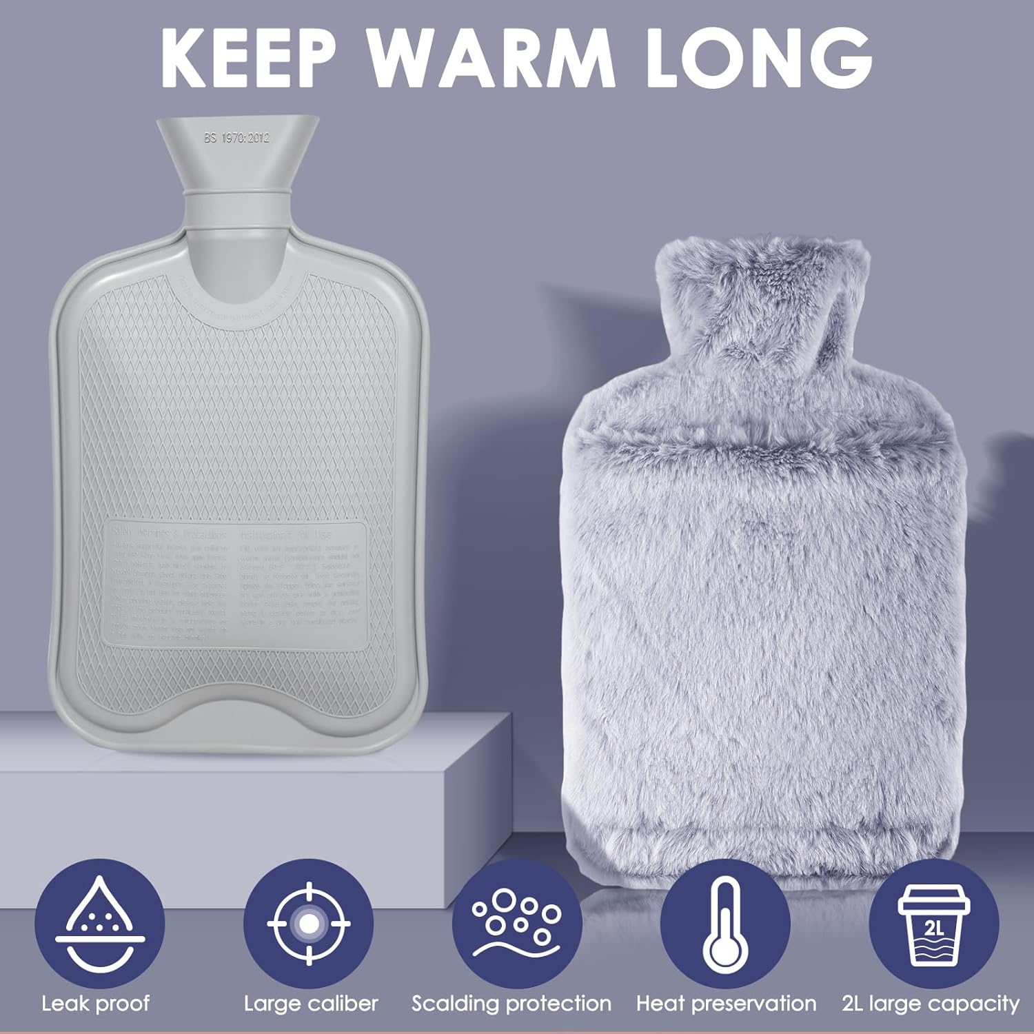 Detalle de BOLEi Wärmflasche mit Weichem Bezug – 2L Auslaufsicher, dunkles Blau