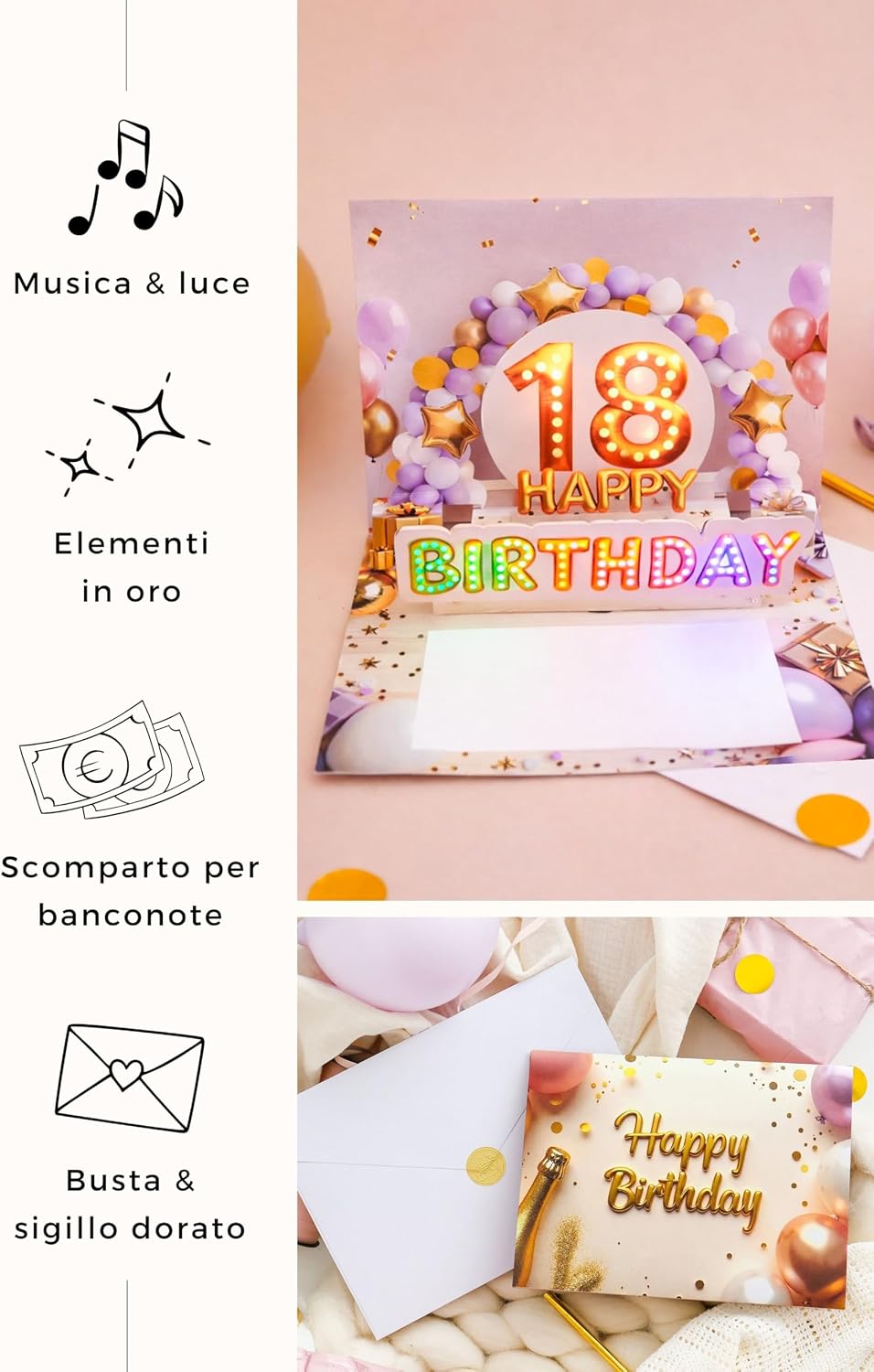 Detalle 2 de Joli Coon Biglietto auguri 18 anni ragazza – biglietto pop-up 3D con musica e luce, busta e sigillo
