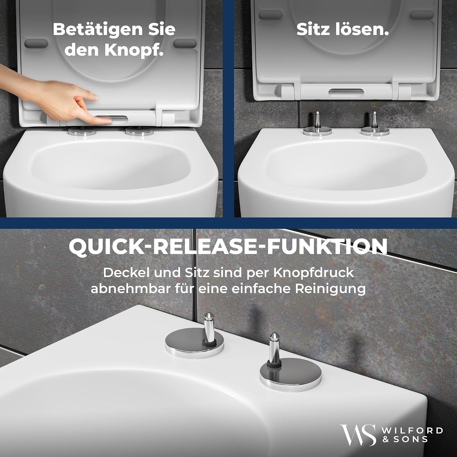 Detalle de Wilford & Sons PREMIUM D-Form Toilettendeckel (WC-Sitz) mit Absenkautomatik, abnehmbar – weiß, Duroplast