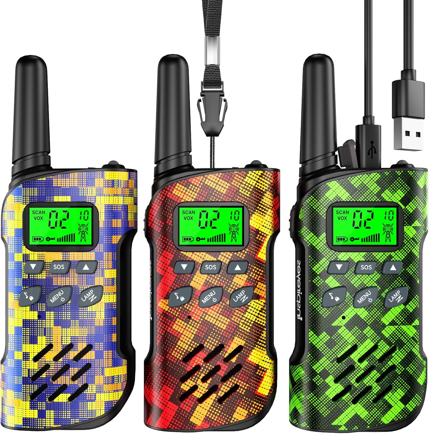 Inspireyes Kinder-Walkie-Talkies Aufladbar (3er-Set) – 48 Stunden Einsatz, 22 Kanäle, VOX, mit Taschenlampe & SOS, ideal für Outdoor-Aktivitäten