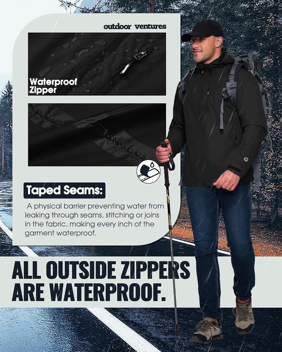 Thumbnail 3 de Outdoor Ventures Men's Lightweight Waterproof Jacket: A practical rain shell for outdoor days