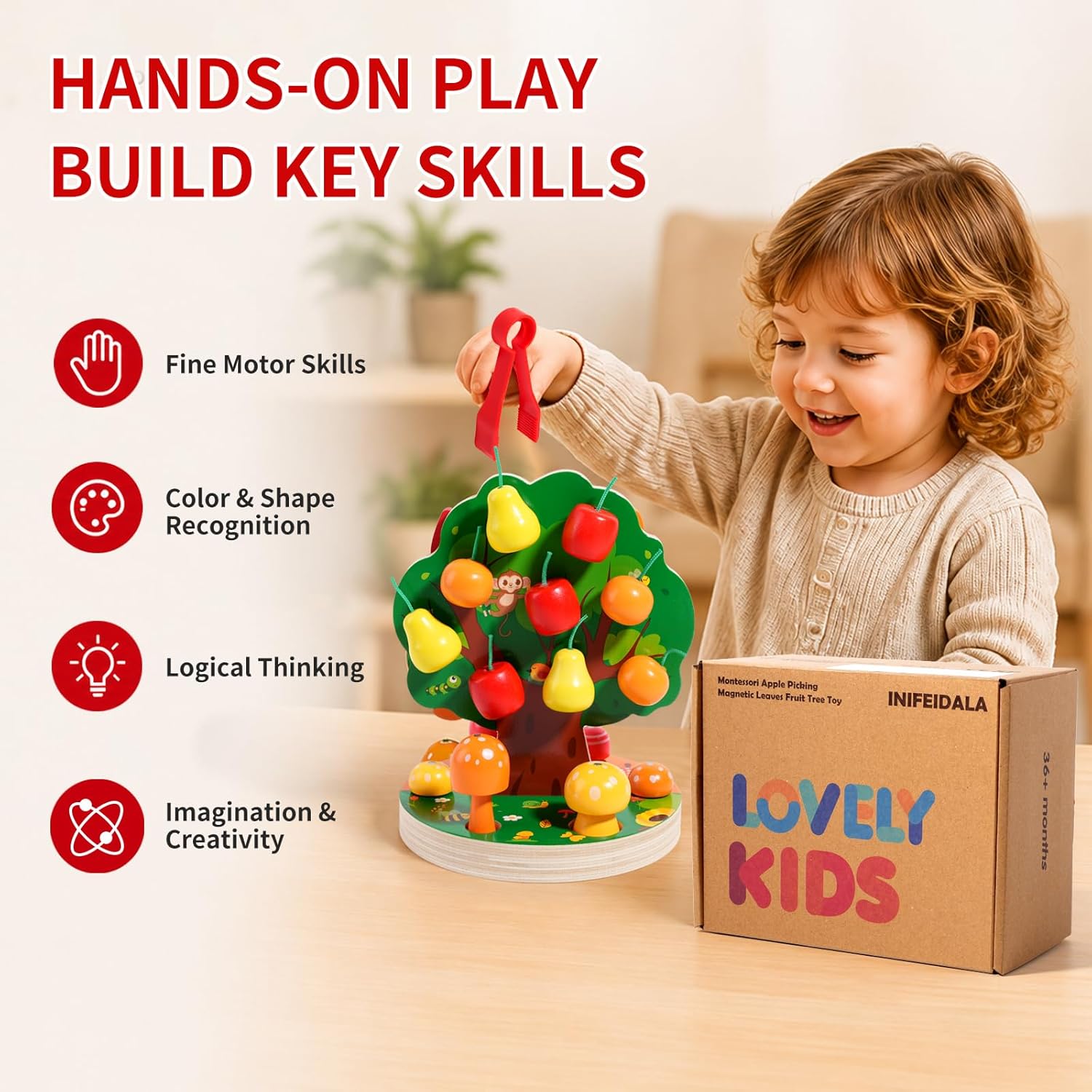 Detalle 2 de INIFEIDALA Montessori apple picking tree toy