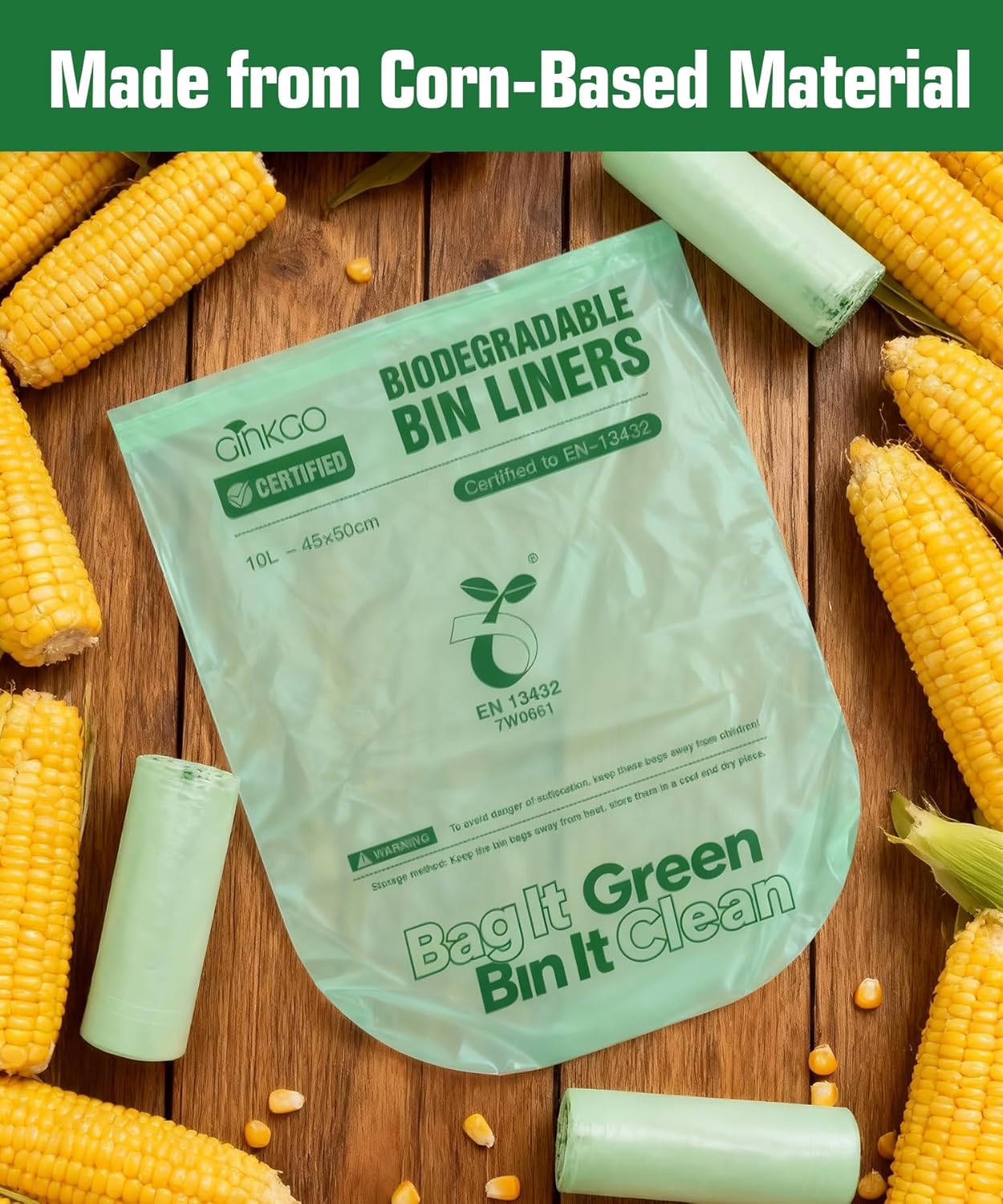 Thumbnail 1 de Ginkgo 100 Pack Compostable Food Waste Bags, 10L Heavy Duty Kitchen Caddy Liners (plant-based, unscented)