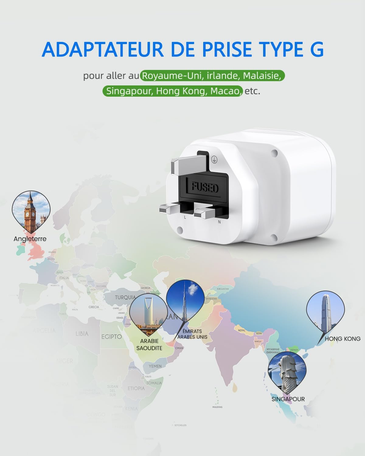 Thumbnail 2 de LENCENT Type G Adaptateur de Voyage 4 en 1 – Prise Française vers UK (Angleterre, Irlande, Écosse) avec 1 AC, 1 USB-C et 2 USB-A